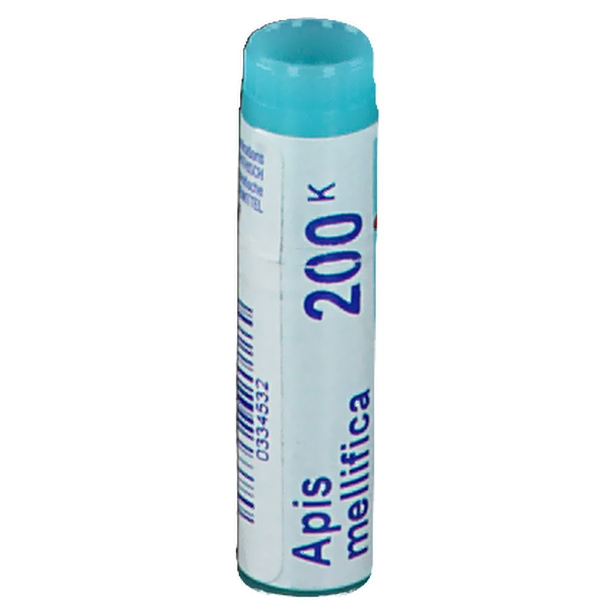 Tube cylindrique bleu. Inscription: Apis mellifica 200K, Boiron, code-barres.