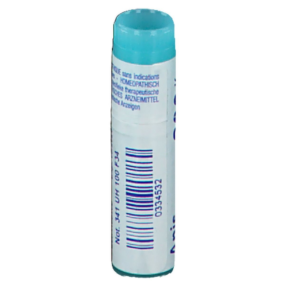 Tube cylindrique bleu. Code-barres et inscriptions.