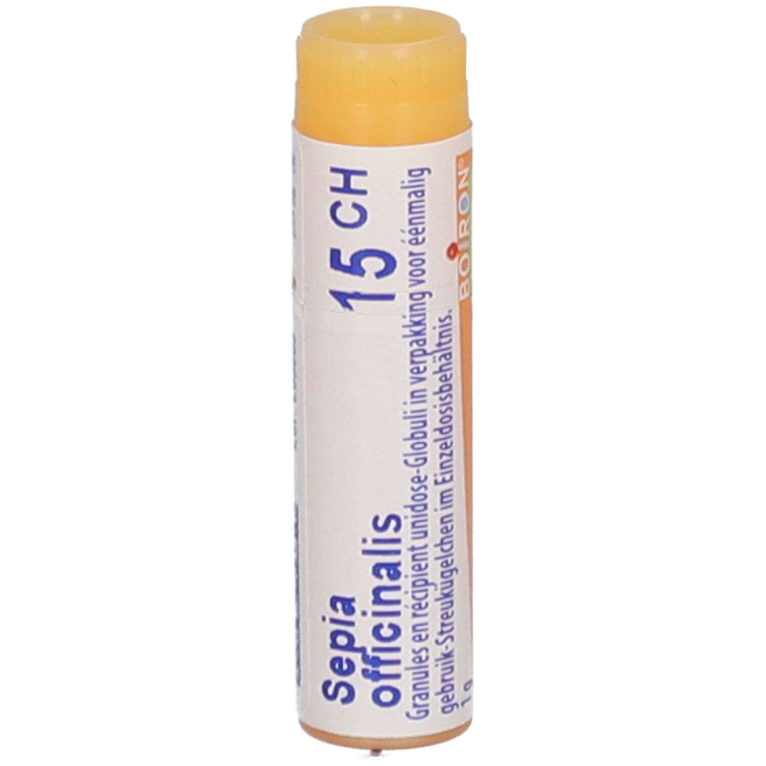Tube cylindrique avec bouchon jaune. Inscription: Sepia officinalis 15 CH, Boiron.