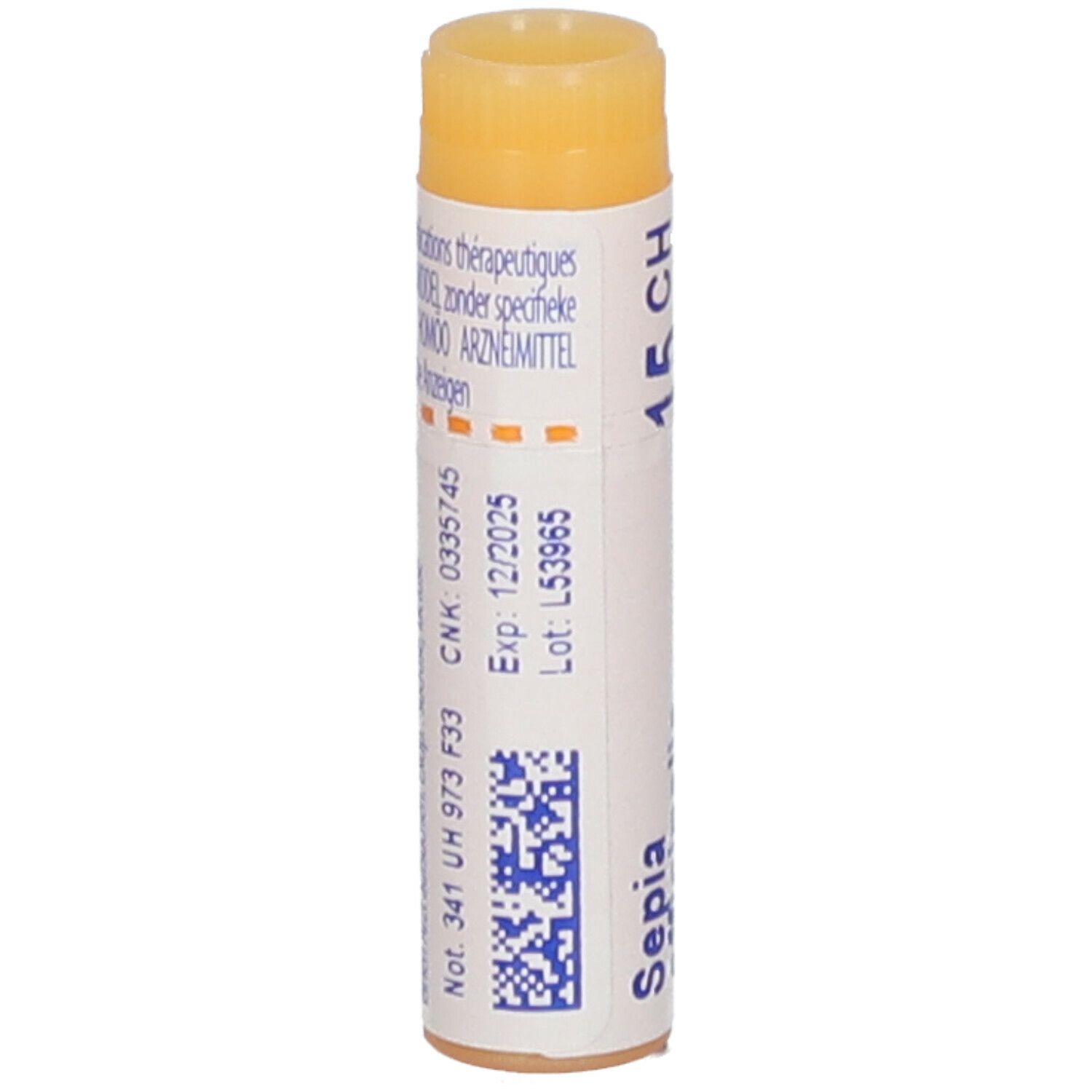 Tube cylindrique avec bouchon jaune. Inscriptions: CNK, Exp. 12/2025, Lot. L53965, code QR, Sepia.