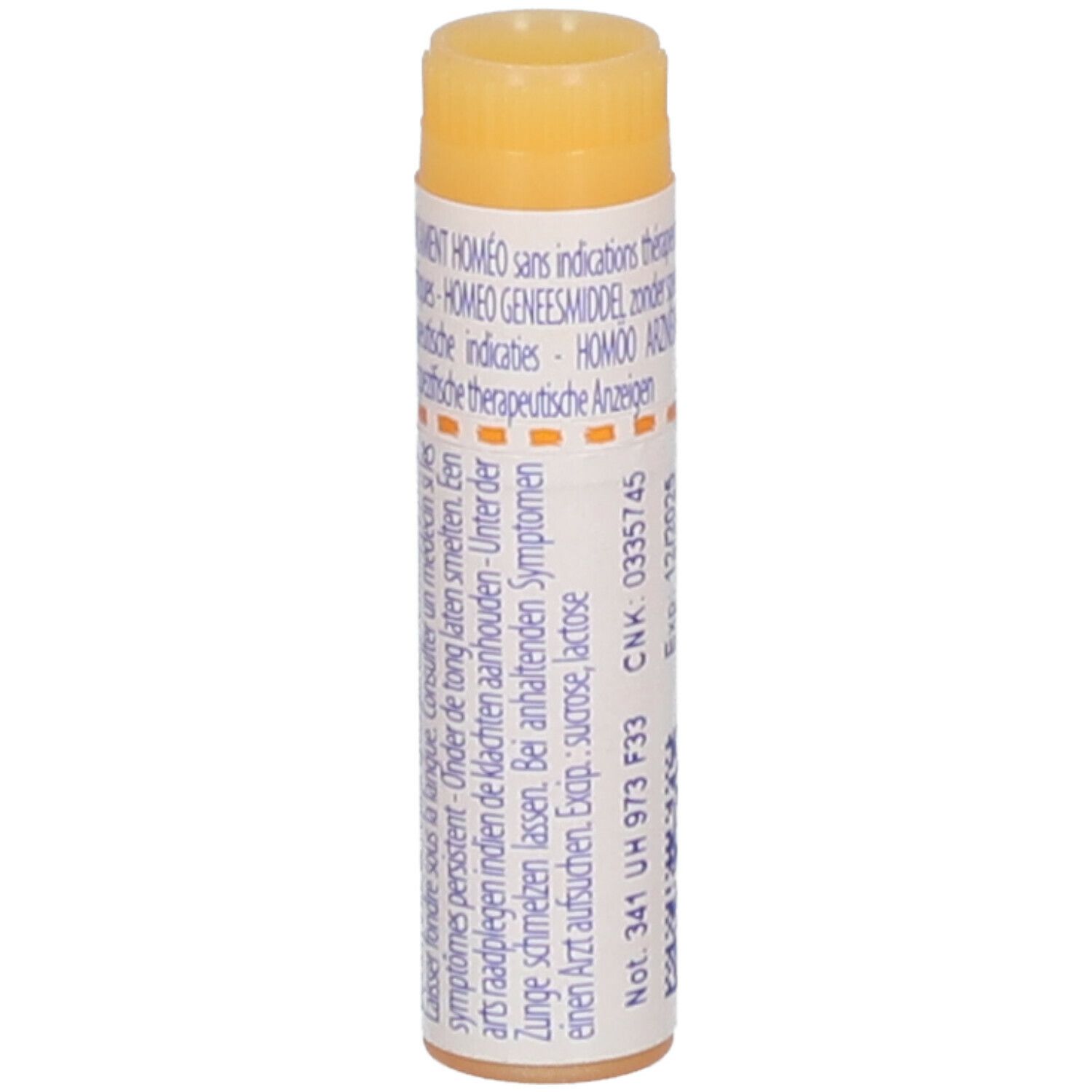 Tube cylindrique avec bouchon jaune. Texte: HOMEO, CNK, Exp. 12/2025, Lot. L53965.