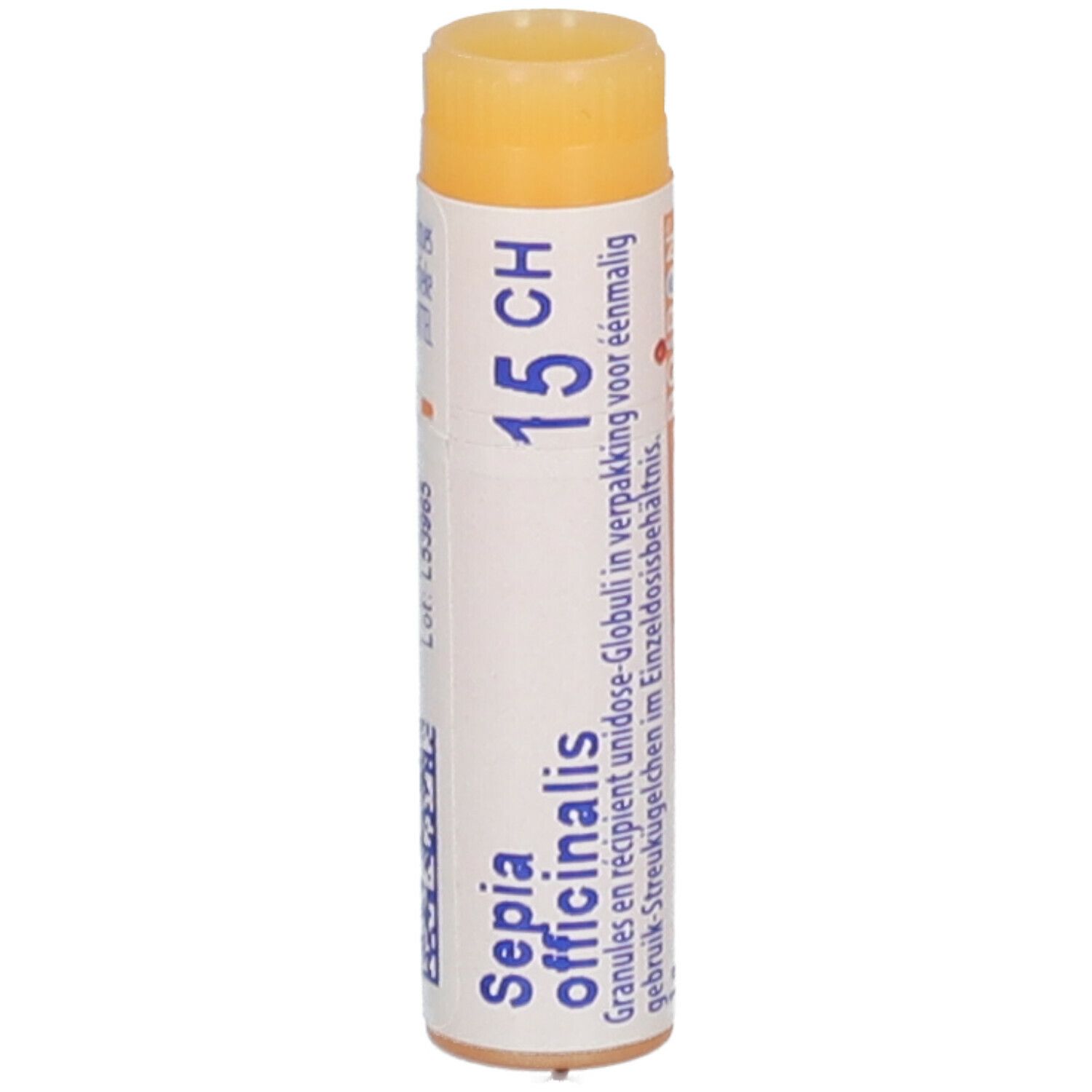 Tube cylindrique avec bouchon jaune. Inscription: Sepia officinalis 15 CH.