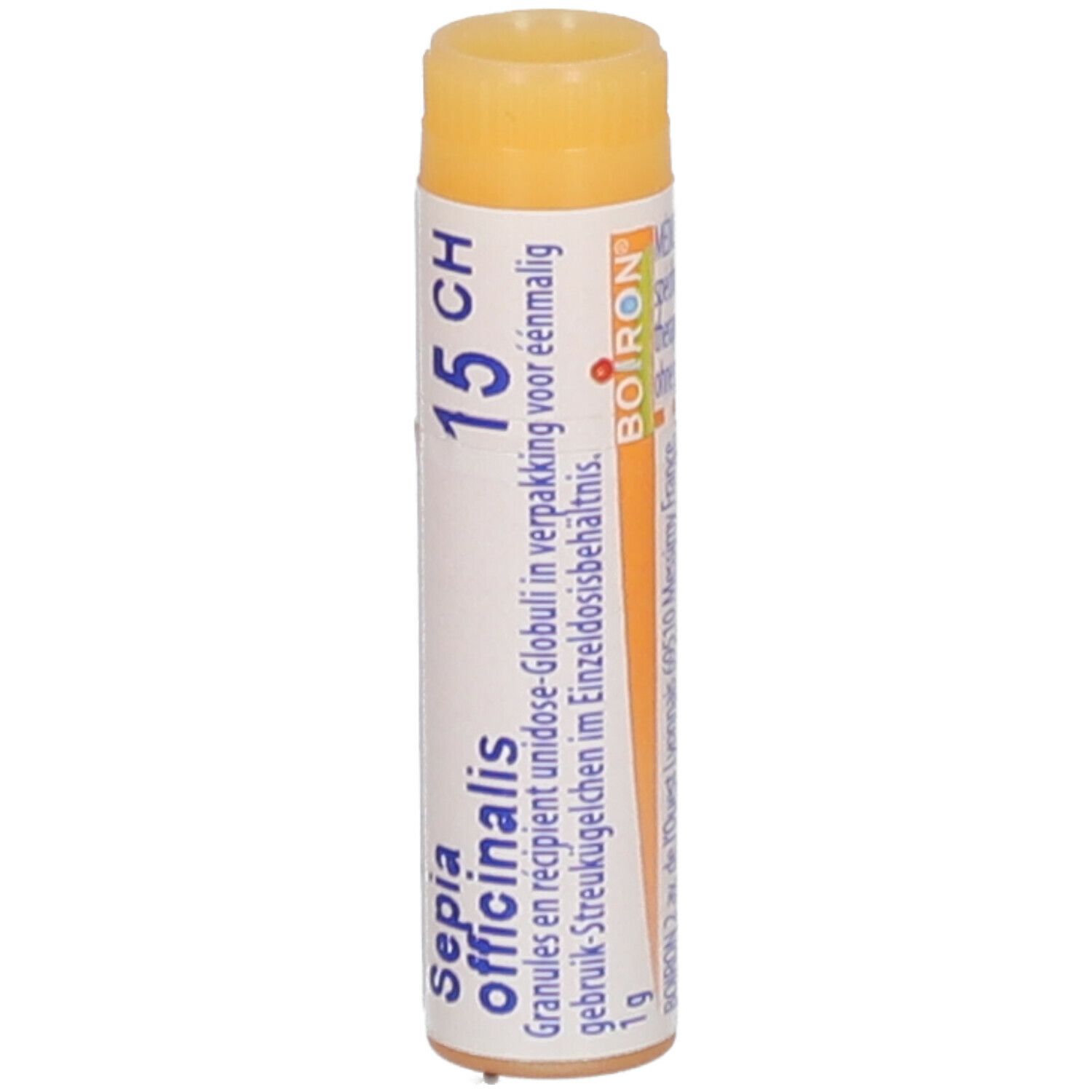 Tube cylindrique avec bouchon jaune. Inscription: Sepia officinalis 15 CH, Boiron, 1 g.