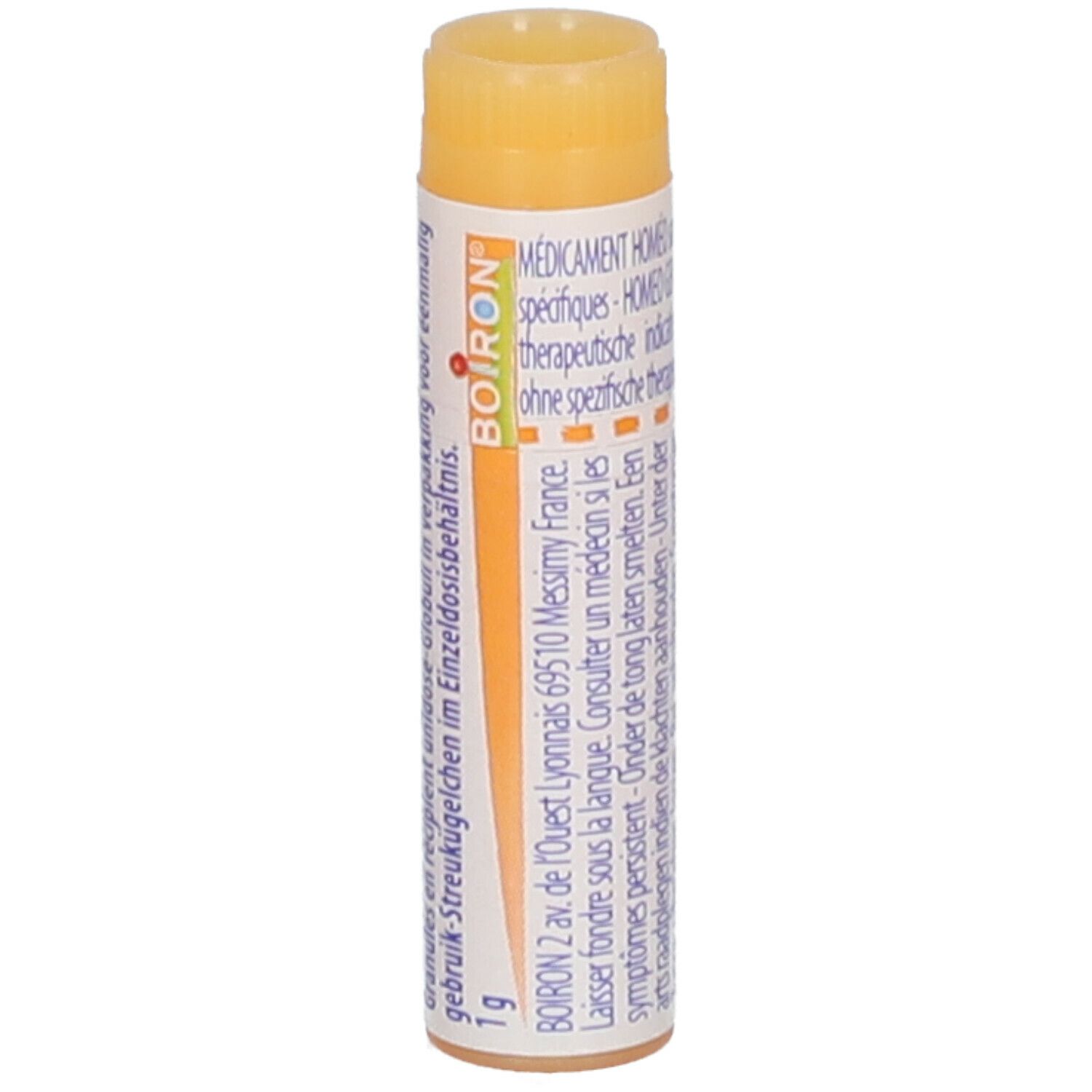 Tube cylindrique avec bouchon jaune. Inscription: Boiron, 1 g.