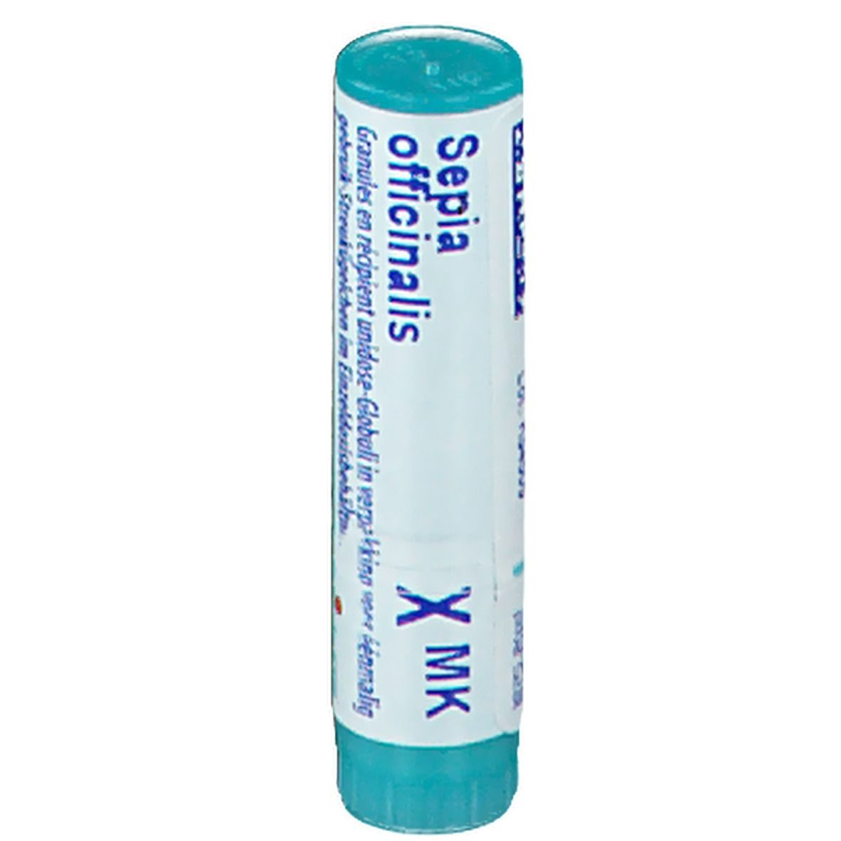 Tube cylindrique bleu et blanc. Inscription: Sepia officinalis, X MK. Contient des globules.