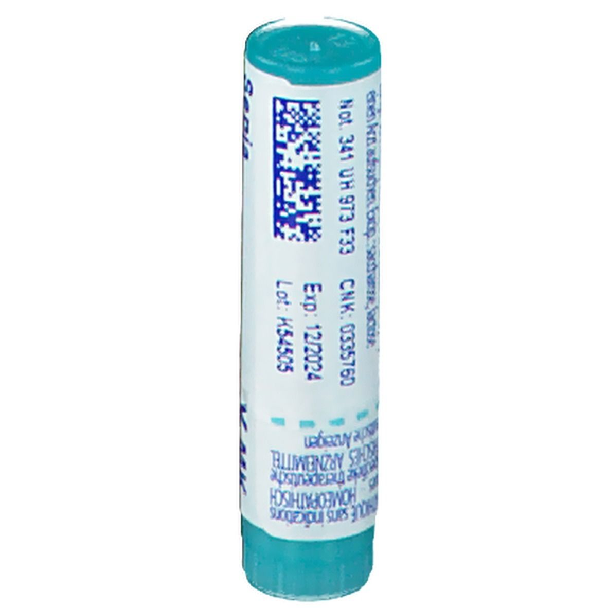 Tube cylindrique bleu et blanc. Inscriptions: CNK, Exp. 12/2024, Lot: K54505. Contient des globules.