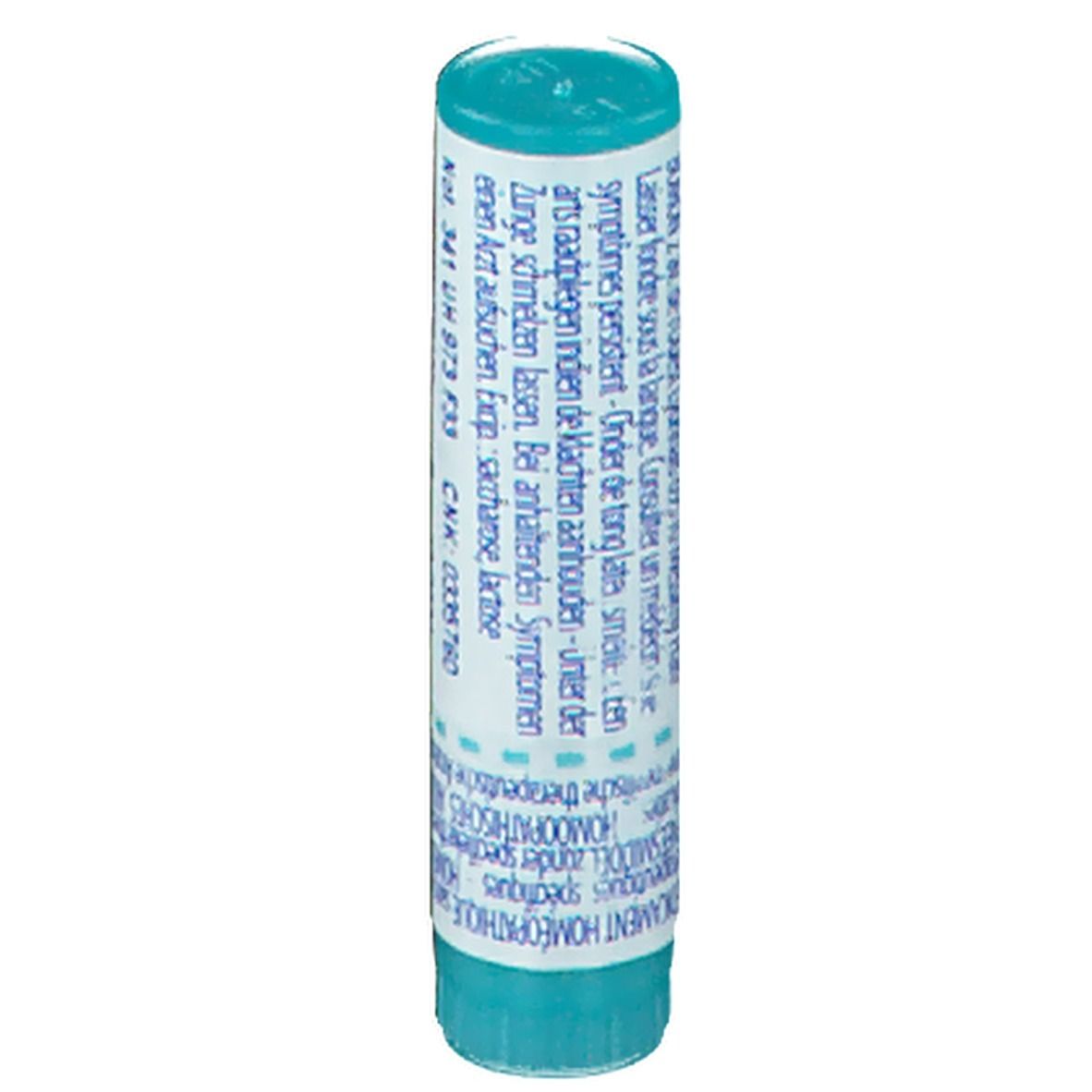 Tube cylindrique bleu et blanc. Texte: Laisser fondre sous la langue. Contient des globules.