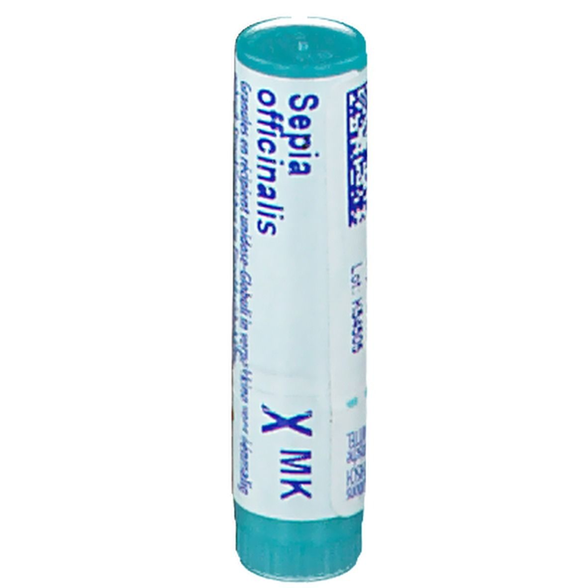 Tube cylindrique bleu et blanc. Inscription: Sepia officinalis, X MK. Contient des globules.