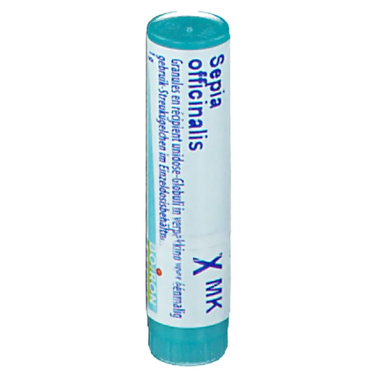 Tube cylindrique bleu et blanc. Inscription: Sepia officinalis, X MK. Contient des globules.