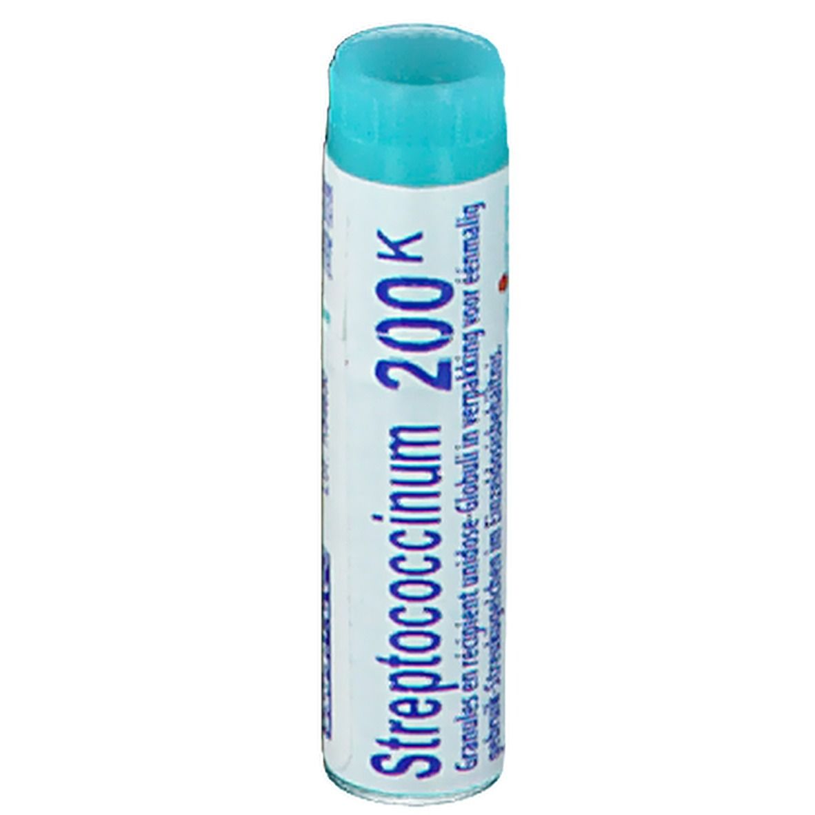 Tube cylindrique bleu clair. Inscription: Streptococcinum 200K. Granules en récipient unidose.