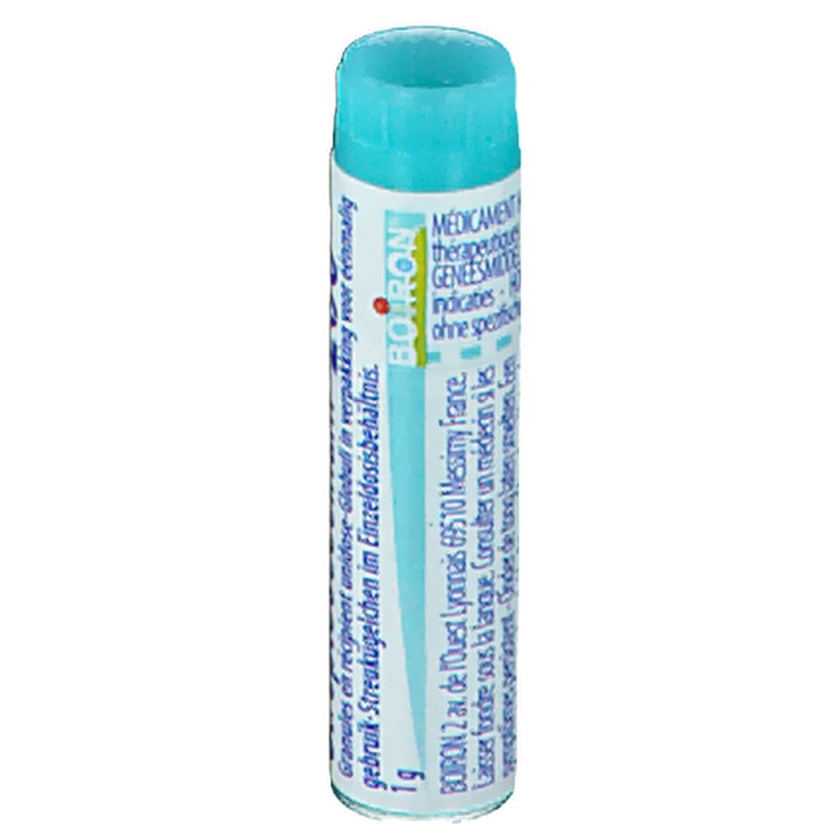 Tube cylindrique bleu clair. Inscription: Boiron, 1g. Texte en français et néerlandais.