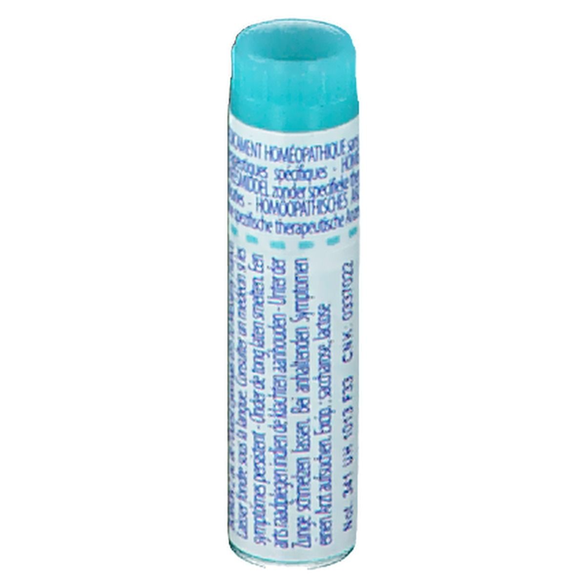 Tube cylindrique bleu clair. Texte en français, néerlandais et allemand. Contient des globules.
