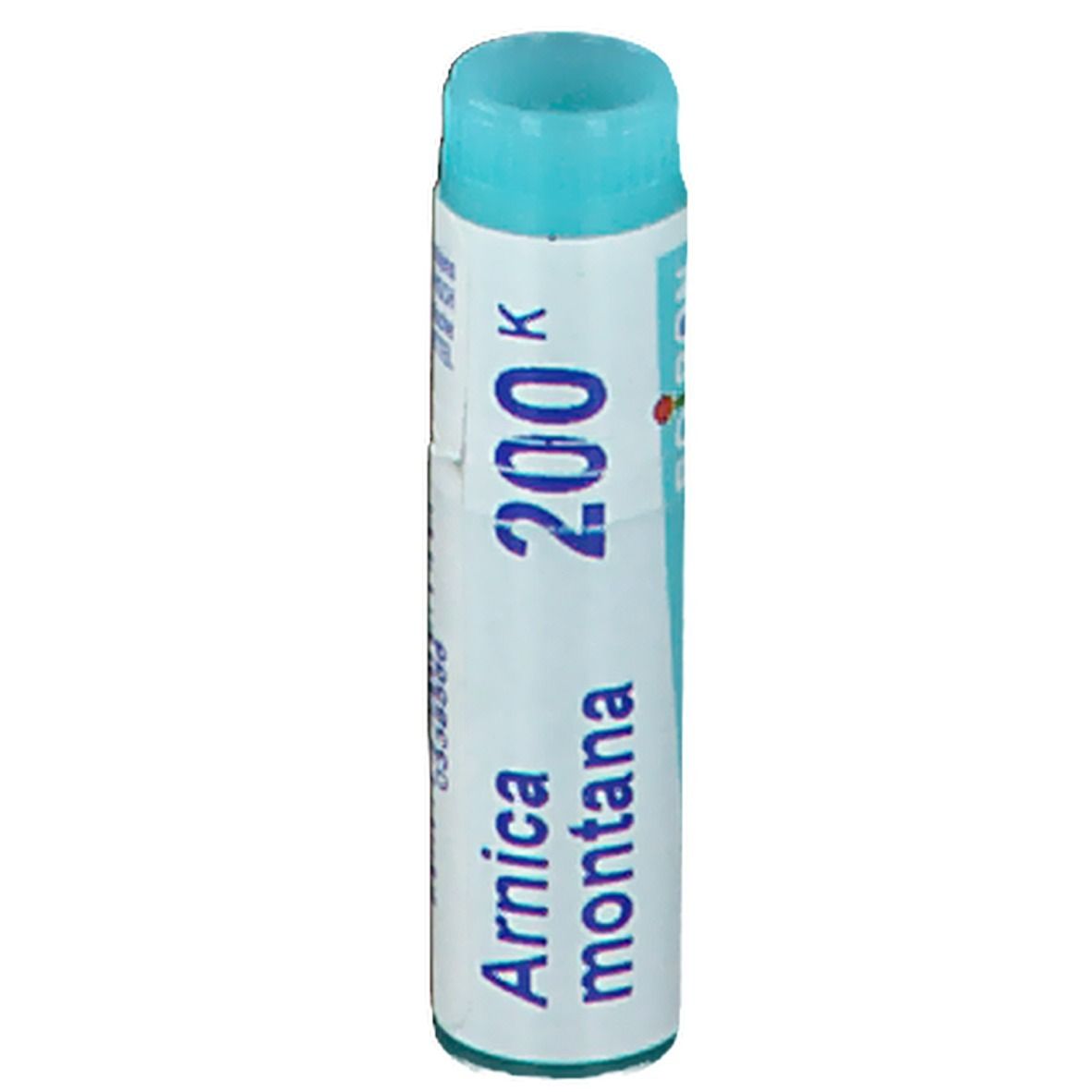 Cilindrische verpakking met blauwe dop. Opschrift: Arnica montana 200K.
