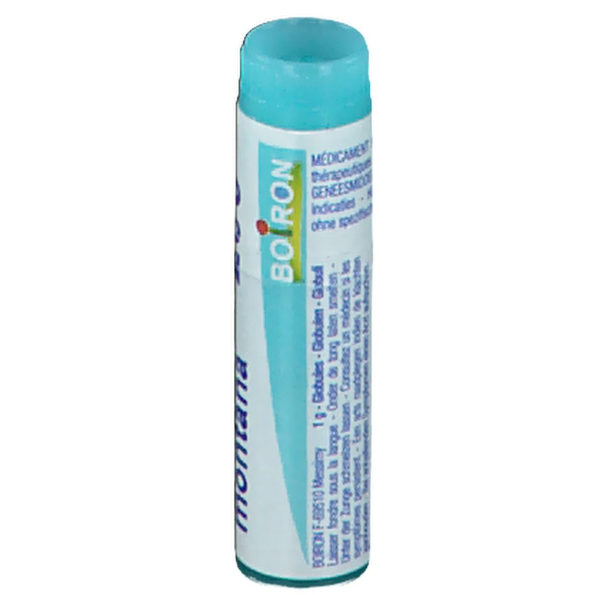 Cilindrische verpakking met blauwe dop. Opschrift: BOIRON, Globules, 1g.
