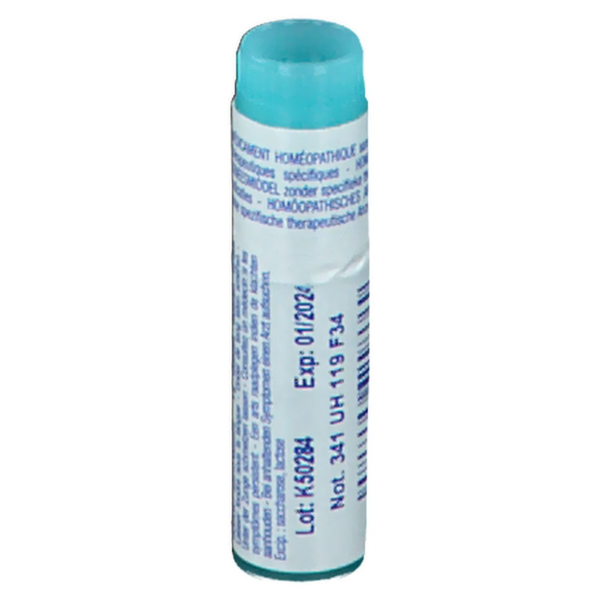 Cilindrische verpakking met blauwe dop. Opschrift: Exp: 01/2024, Lot: K50284.