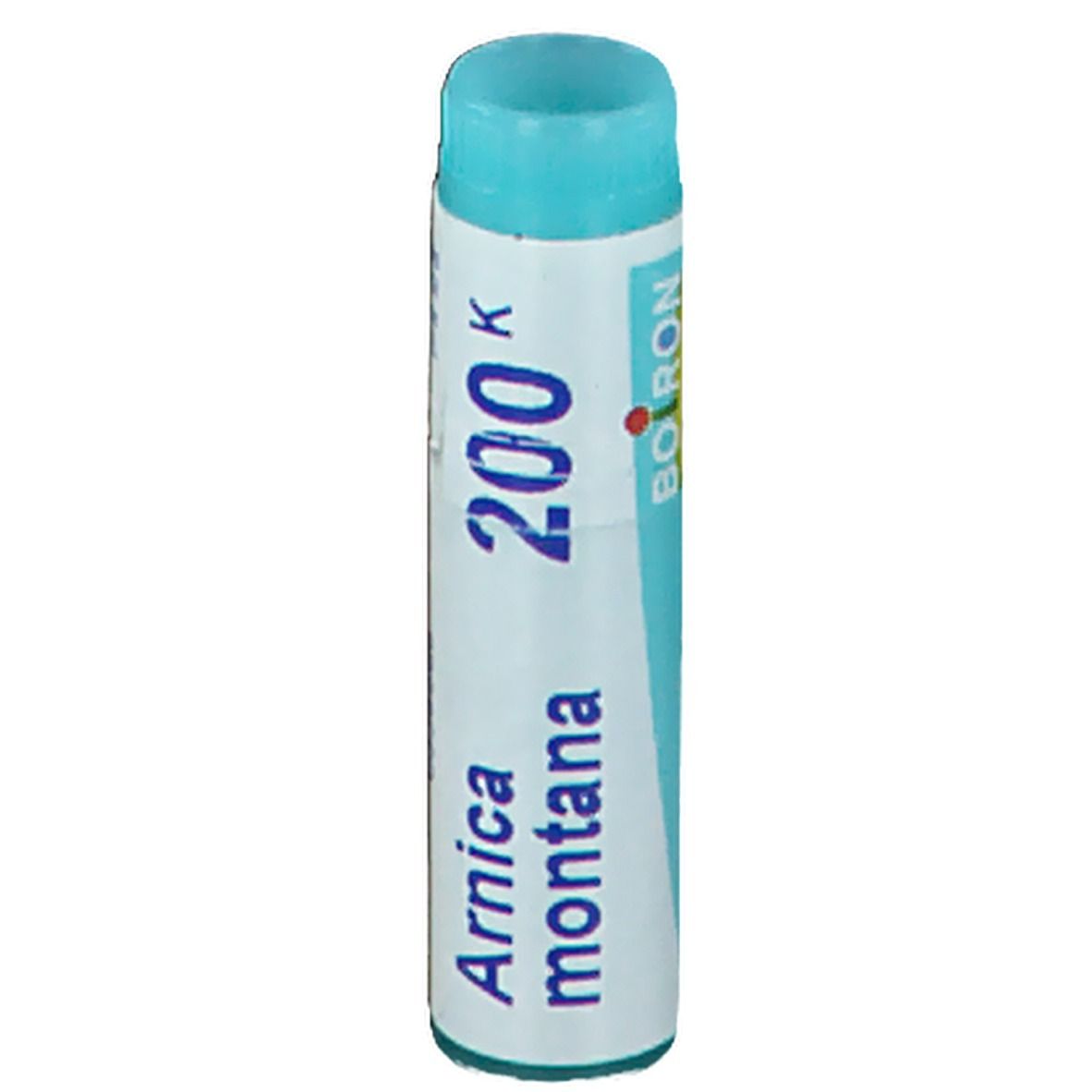 Cilindrische verpakking met blauwe dop. Opschrift: BOIRON, Arnica montana 200K.