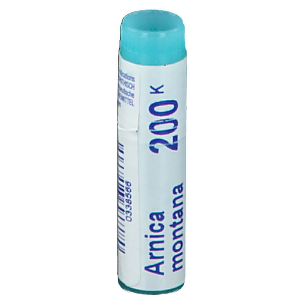 Cilindrische verpakking met blauwe dop. Opschrift: Arnica montana 200K, 0338586.