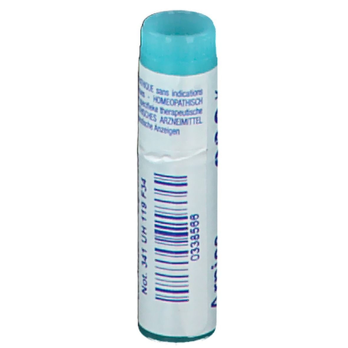 Cilindrische verpakking met blauwe dop. Streepjescode en opschrift.