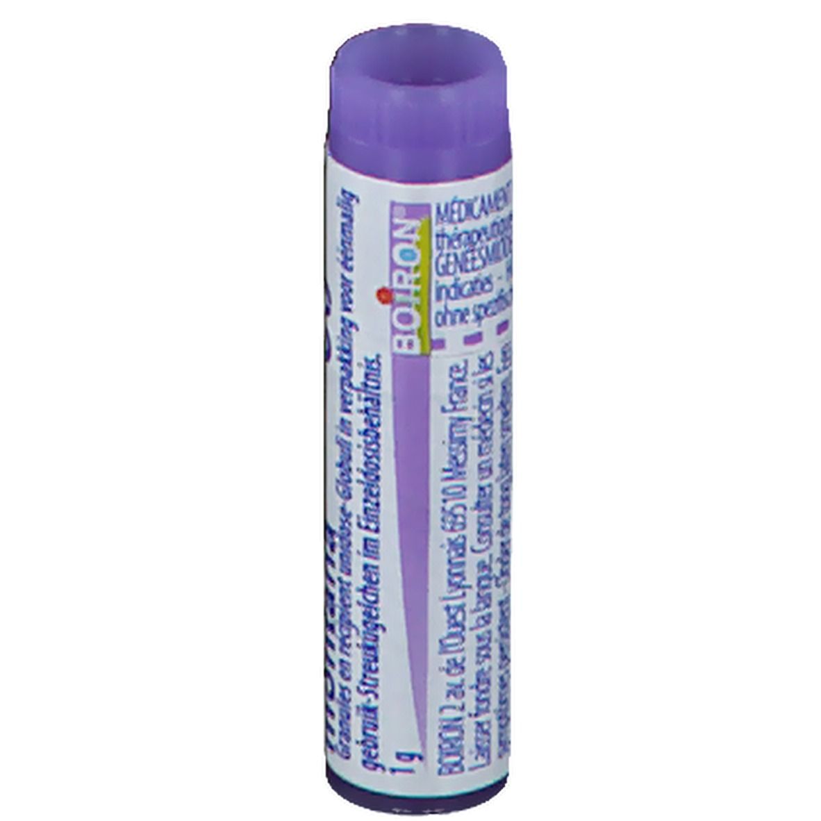 Tube cylindrique violet. Inscription: Boiron, 1 g.