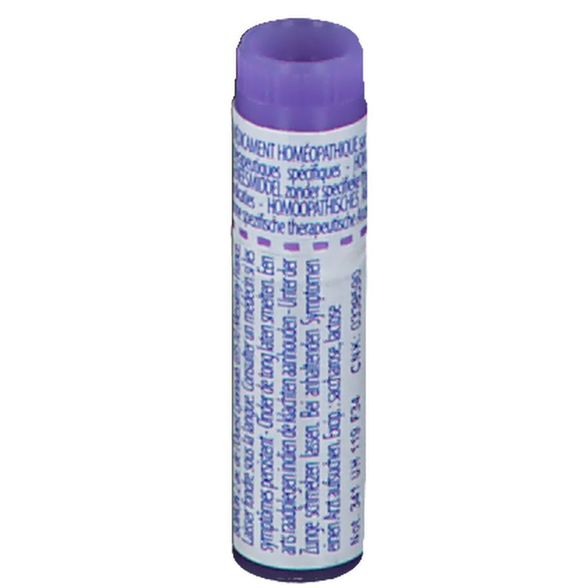 Tube cylindrique violet. Texte: Médicament homéopathique.