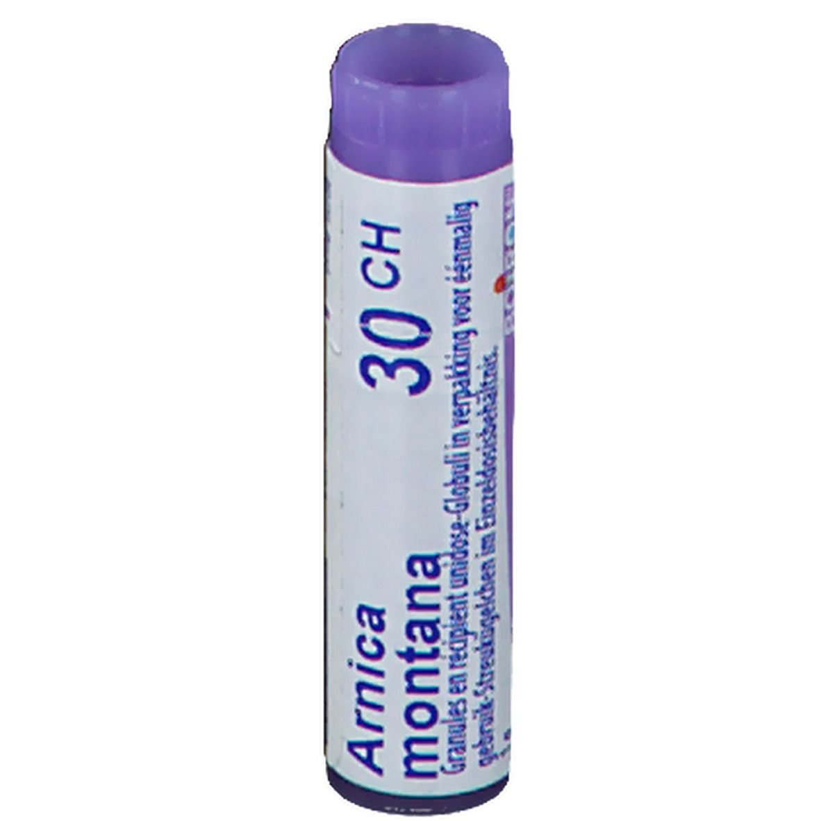 Tube cylindrique violet. Inscription: Arnica montana 30 CH.