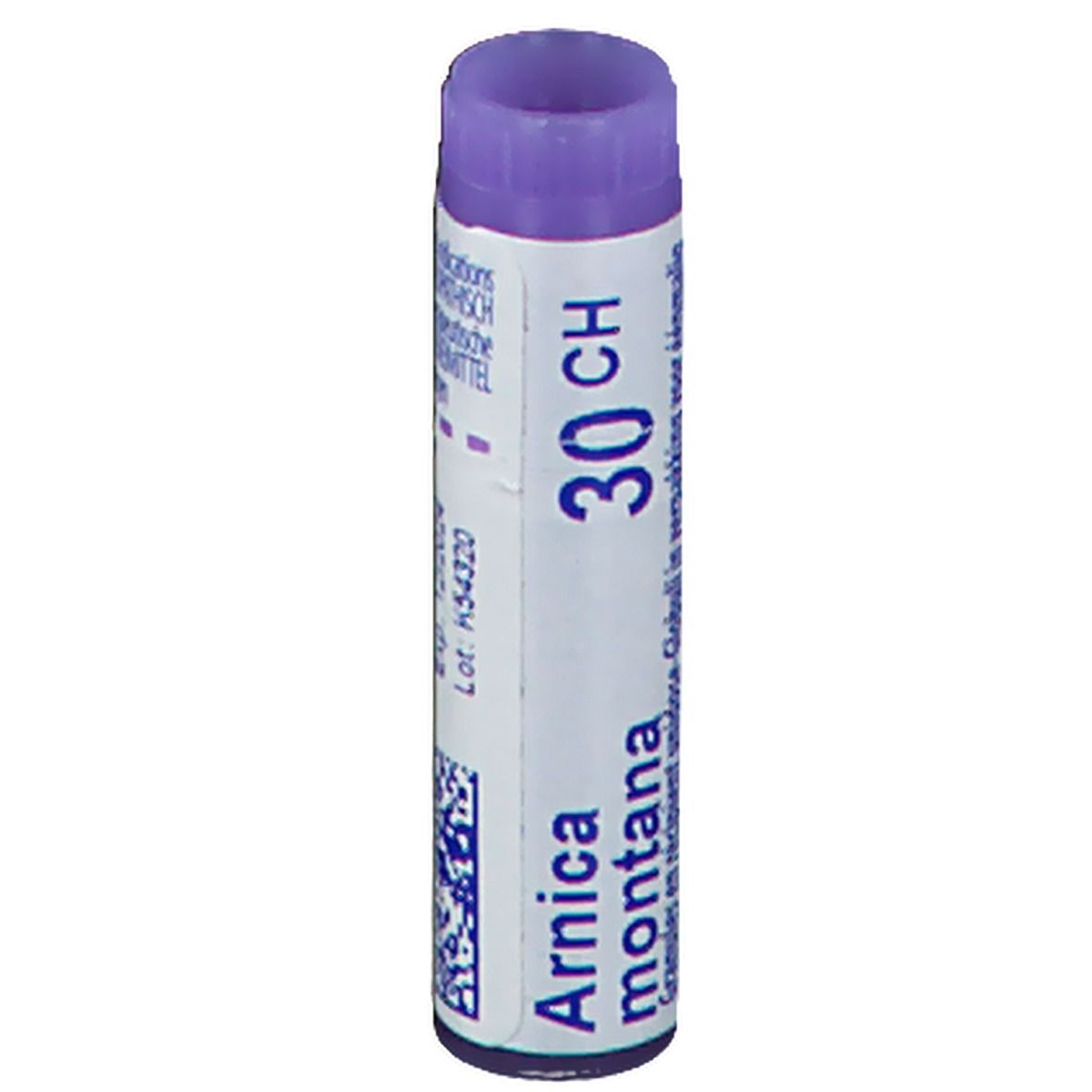 Tube cylindrique violet. Inscription: Arnica montana 30 CH.