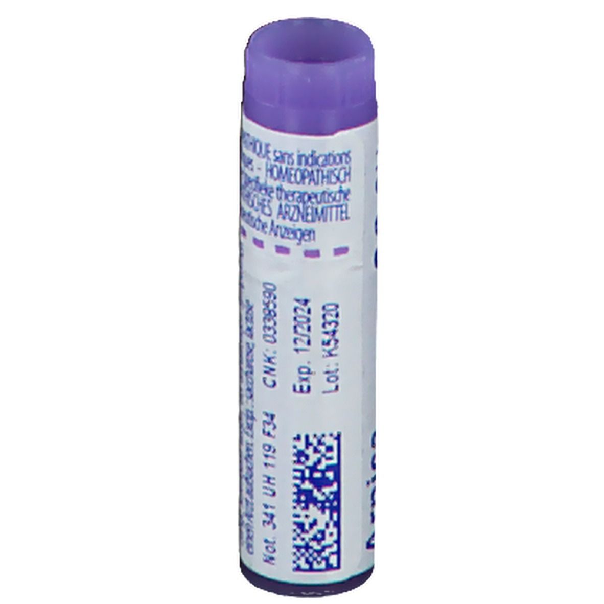 Tube cylindrique violet. Texte: CNK, Exp. 12/2024, Lot: K54320.