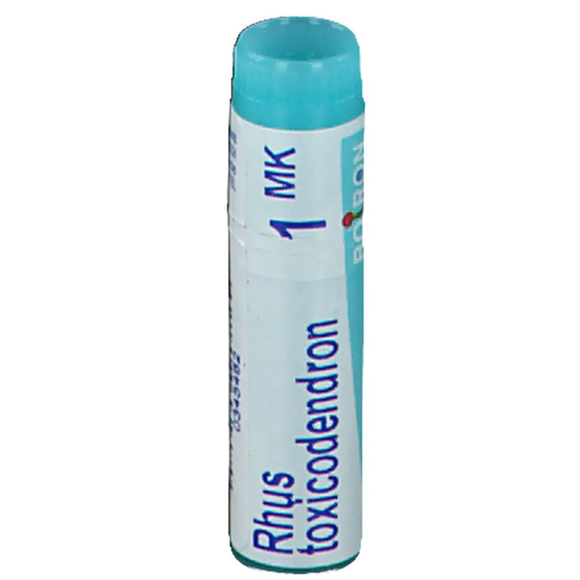 Tube cylindrique avec bouchon bleu. Inscription: Rhus toxicodendron, 1 MK, Boiron.