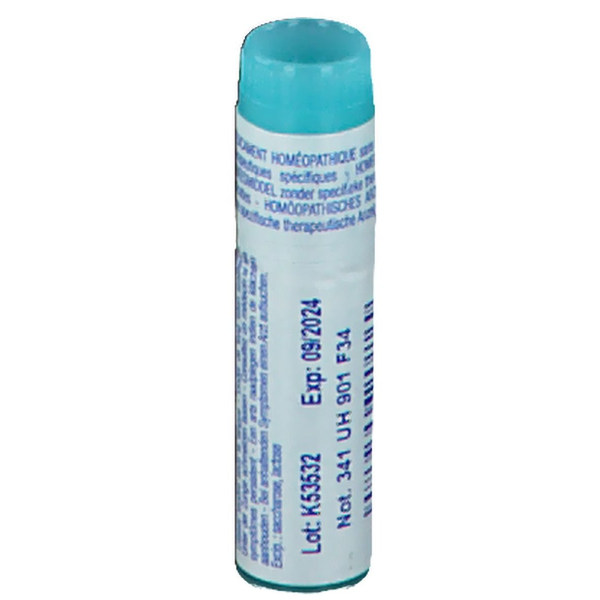 Tube cylindrique avec bouchon bleu. Inscription: Exp: 09/2024, Lot: K53532, Not. 341 UH 901 F34.
