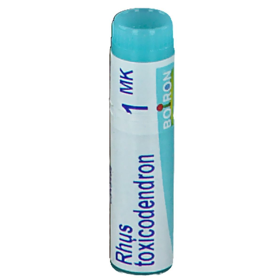 Tube cylindrique avec bouchon bleu. Inscription: Rhus toxicodendron, 1 MK, Boiron.