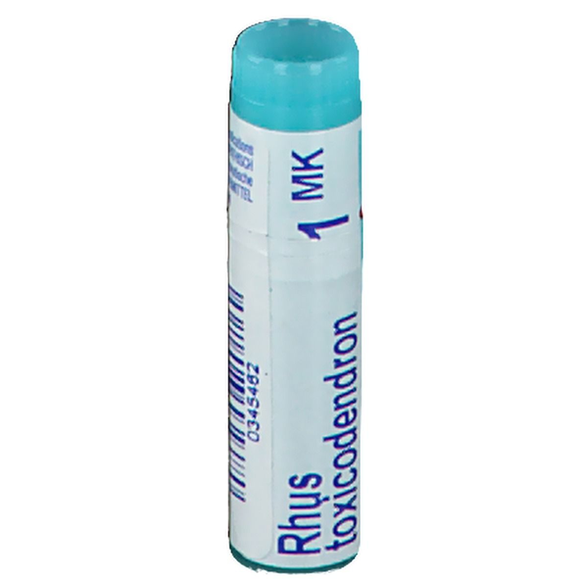 Tube cylindrique avec bouchon bleu. Inscription: Rhus toxicodendron, 1 MK.