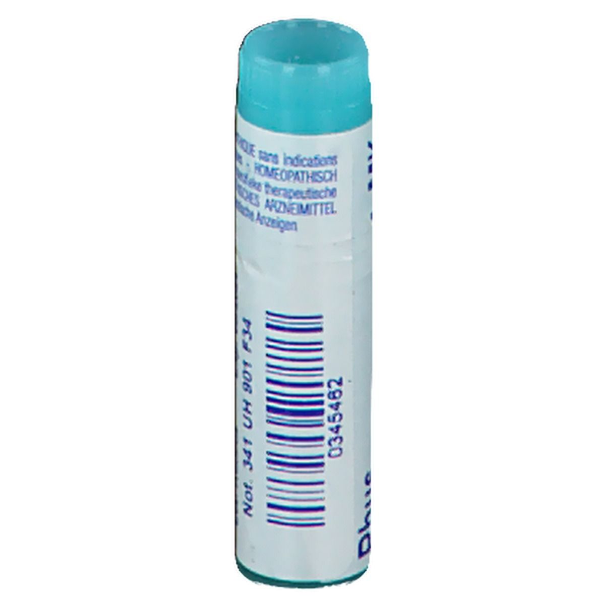 Tube cylindrique avec bouchon bleu. Inscription: Not. 341 UH 901 F34, Rhus.