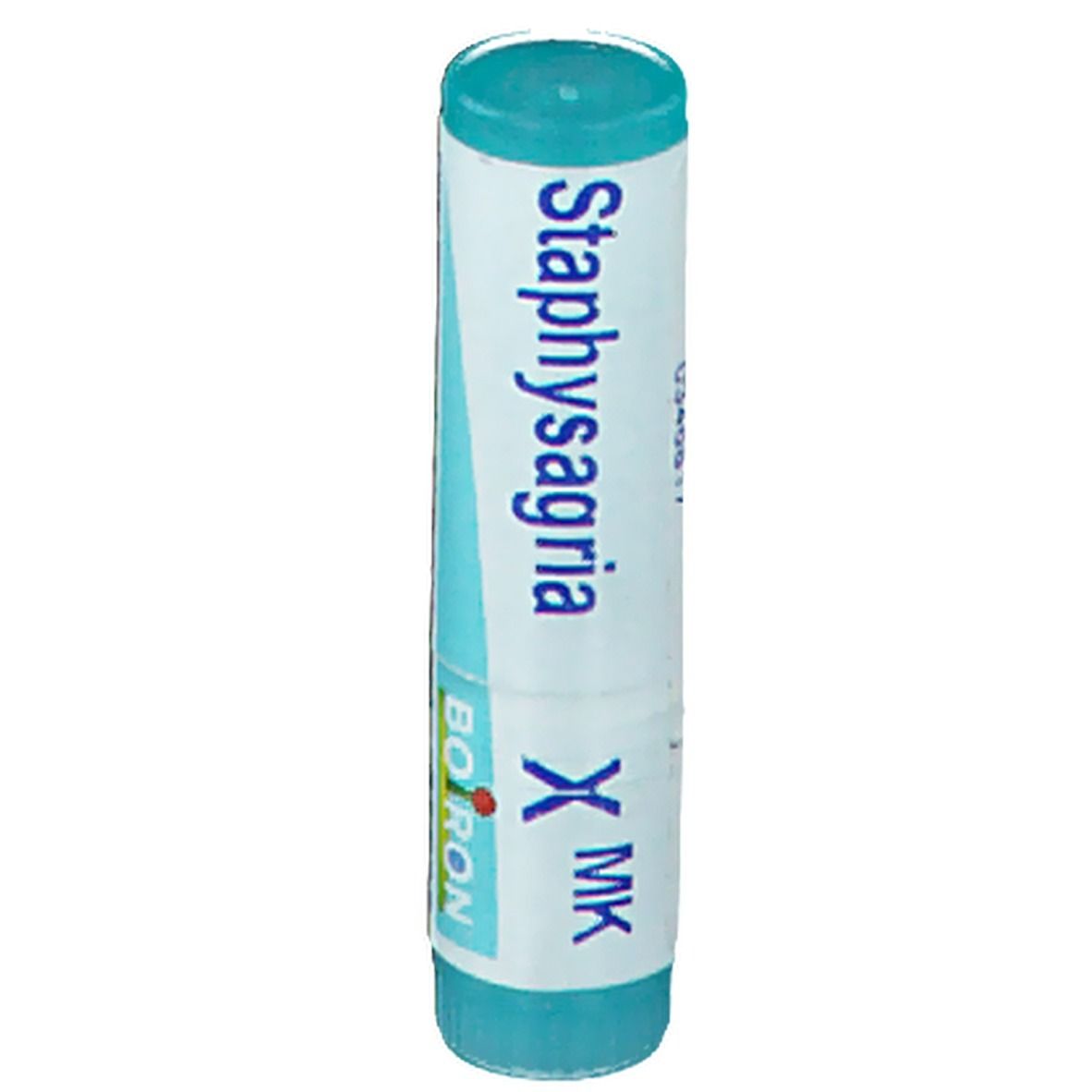 Tube cylindrique bleu et blanc. Inscription : Staphysagria X MK, Boiron.