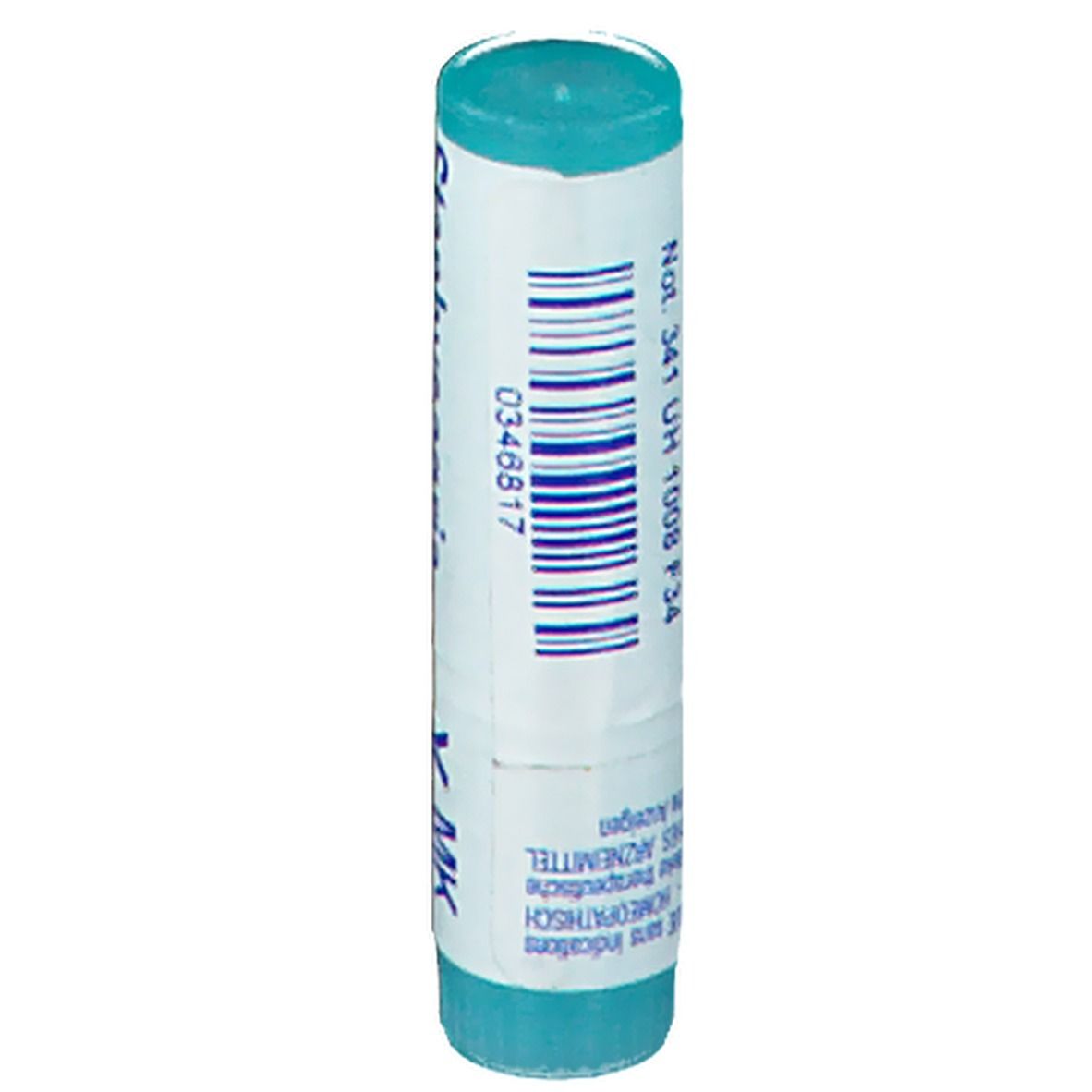 Tube cylindrique bleu et blanc. Code-barres et texte.