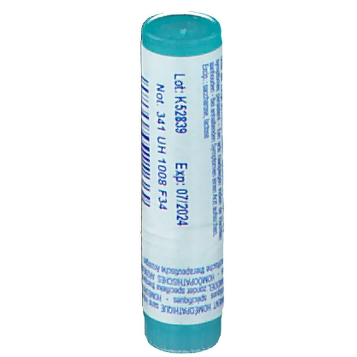 Tube cylindrique bleu et blanc. Numéro de lot, date d'expiration et texte.