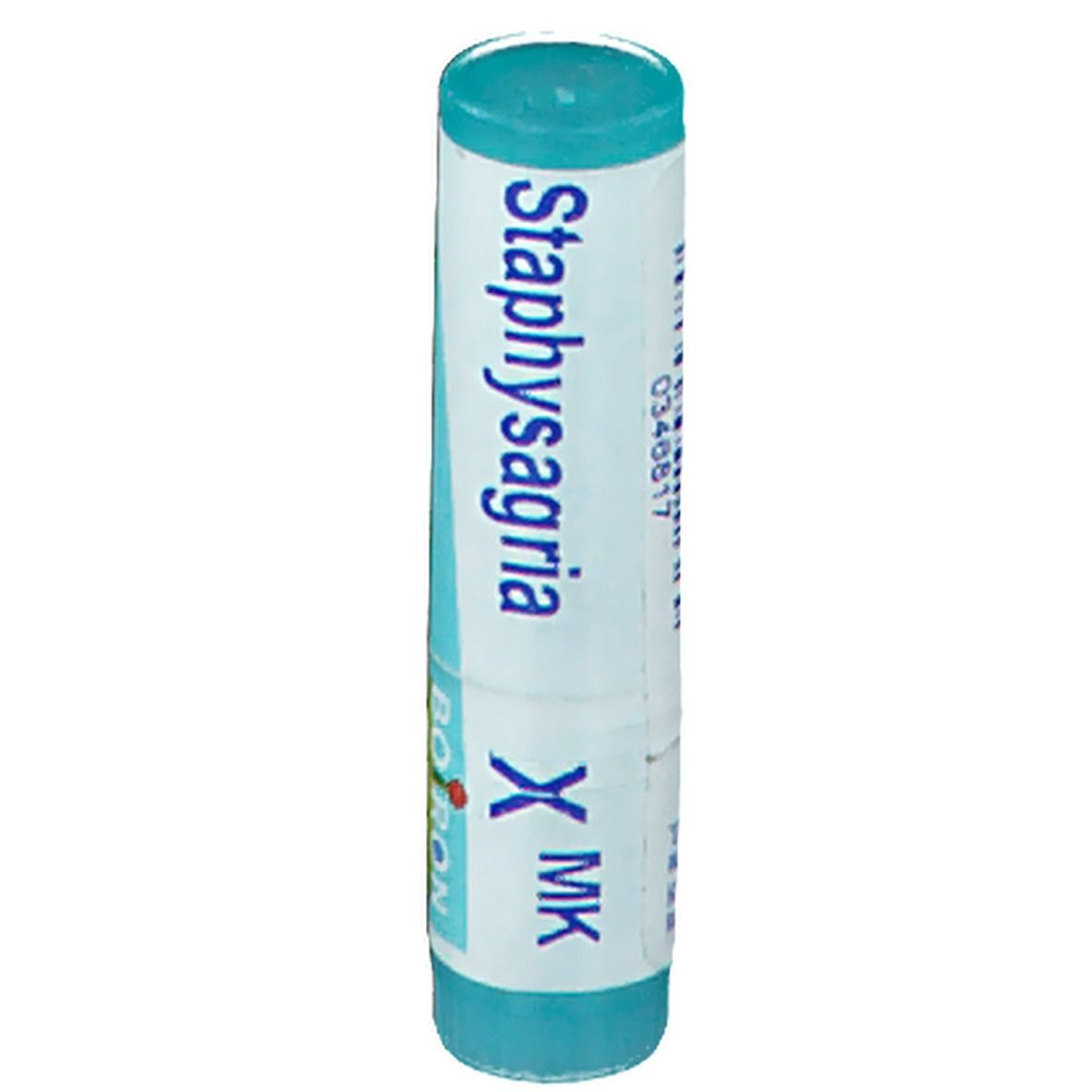 Tube cylindrique bleu et blanc. Inscription : Staphysagria X MK, Boiron.