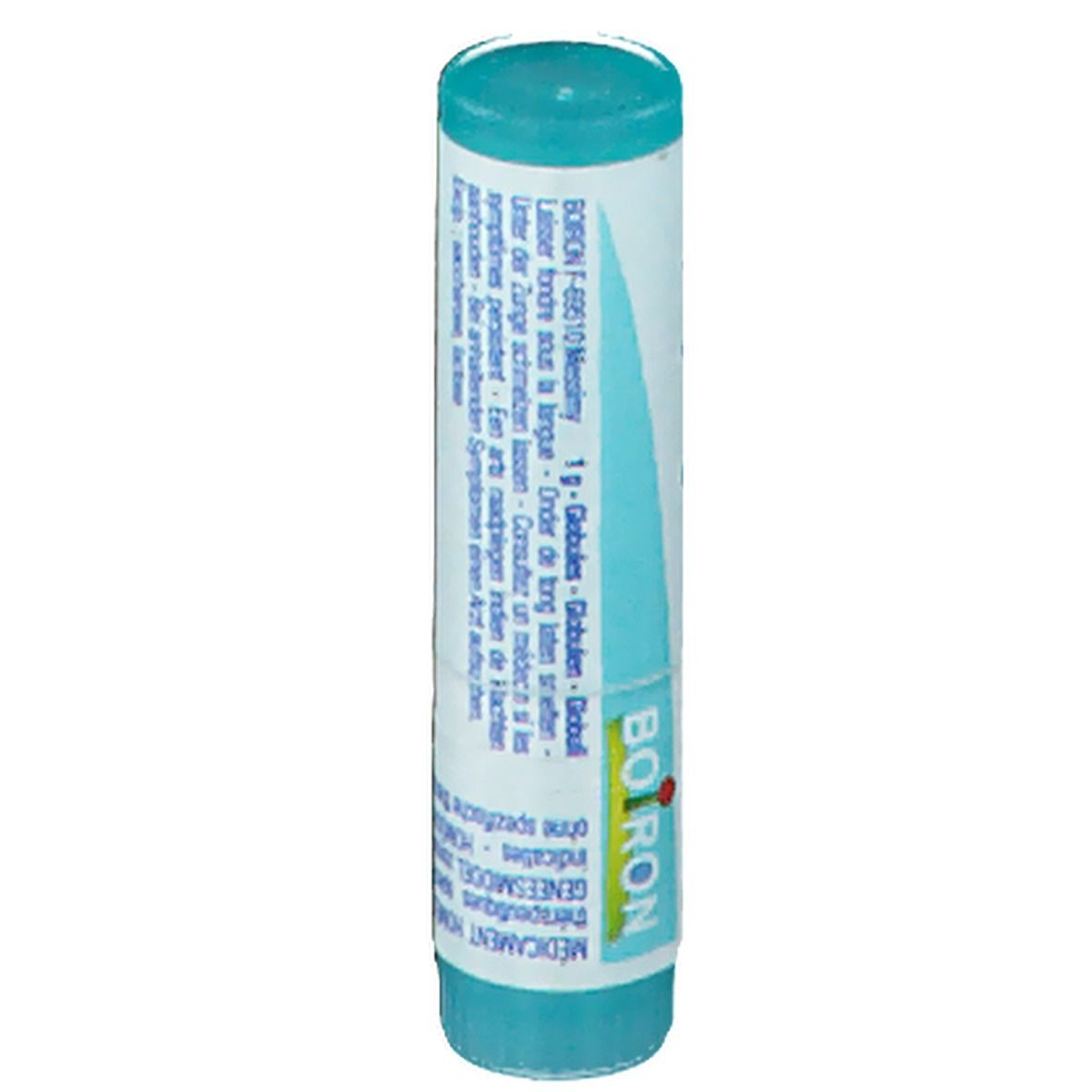 Tube cylindrique bleu et blanc. Inscription : Boiron, texte.