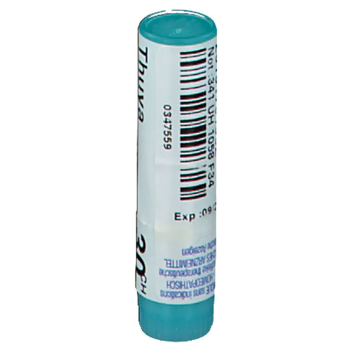 Tube cylindrique avec code-barres et étiquette blanche. Inscription : 30CH, Boiron. Couvercle et base turquoise. Exp: 09/2023.