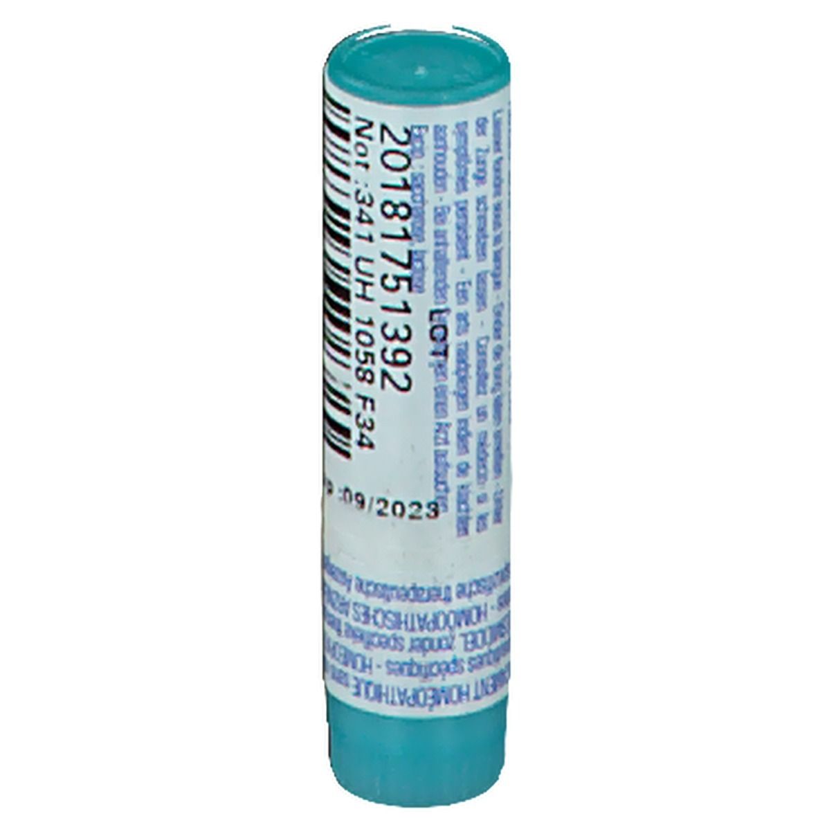 Tube cylindrique avec code-barres et étiquette blanche. Inscription : 30CH, Boiron. Couvercle et base turquoise. Exp: 09/2023.
