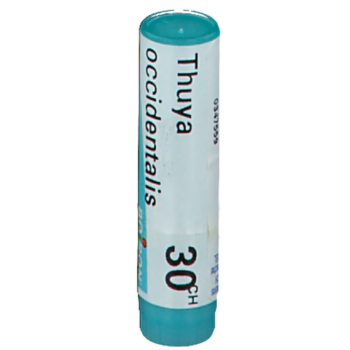 Tube cylindrique avec étiquette blanche. Inscription : Thuya occidentalis 30CH, Boiron. Couvercle et base turquoise.
