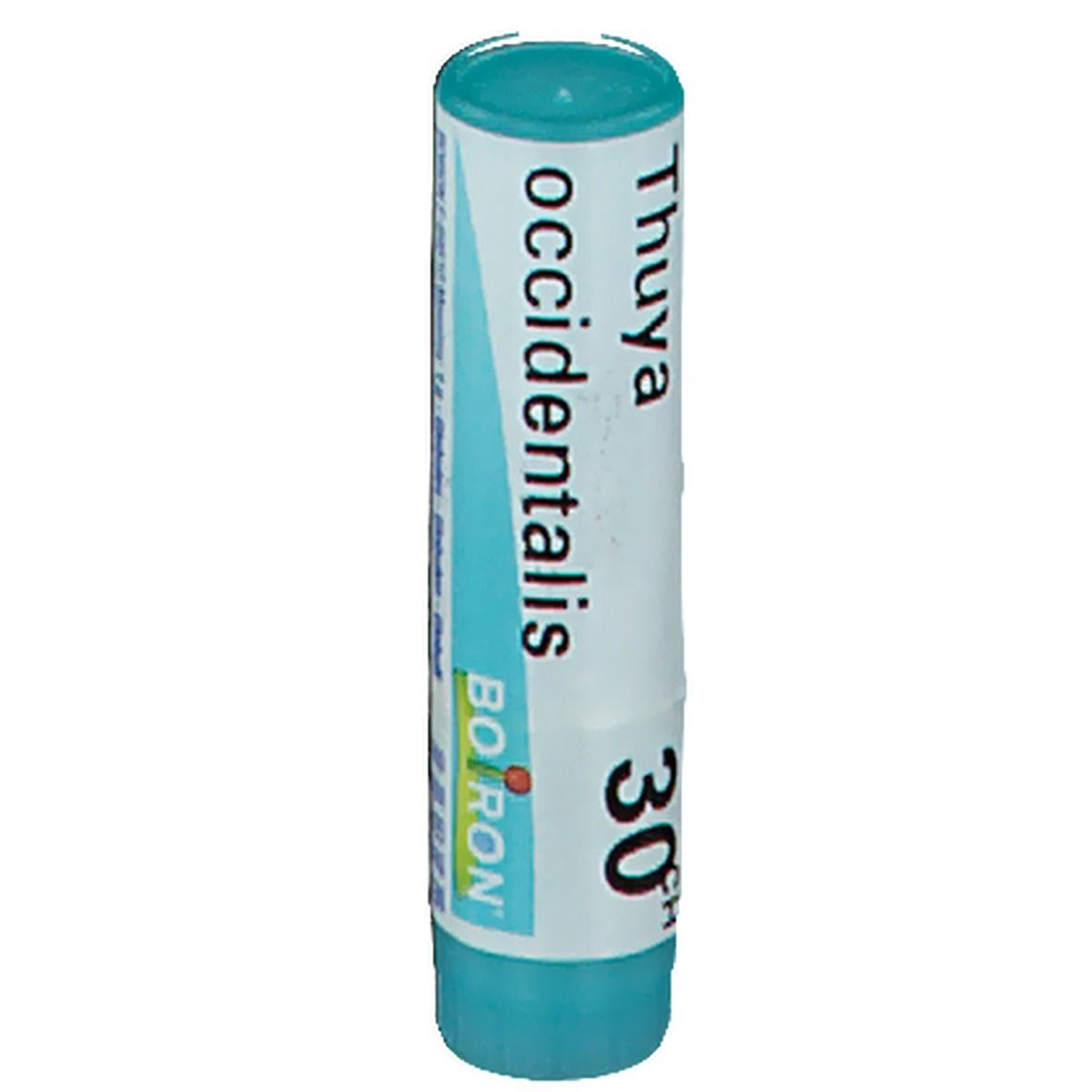 Tube cylindrique avec étiquette blanche. Inscription : Thuya occidentalis 30CH, Boiron. Couvercle et base turquoise.