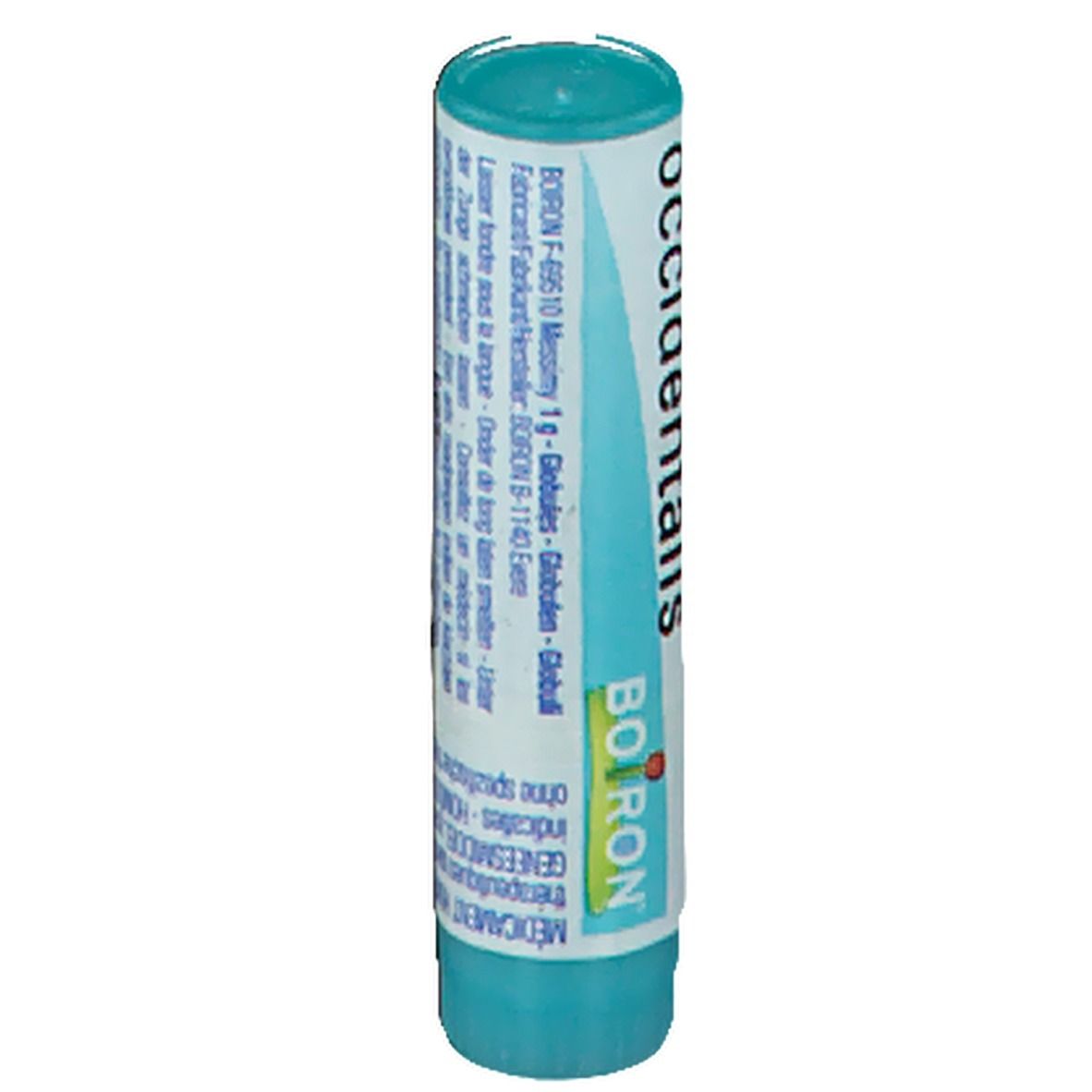 Tube cylindrique avec étiquette blanche. Inscription : Thuya occidentalis, Boiron. Couvercle et base turquoise.