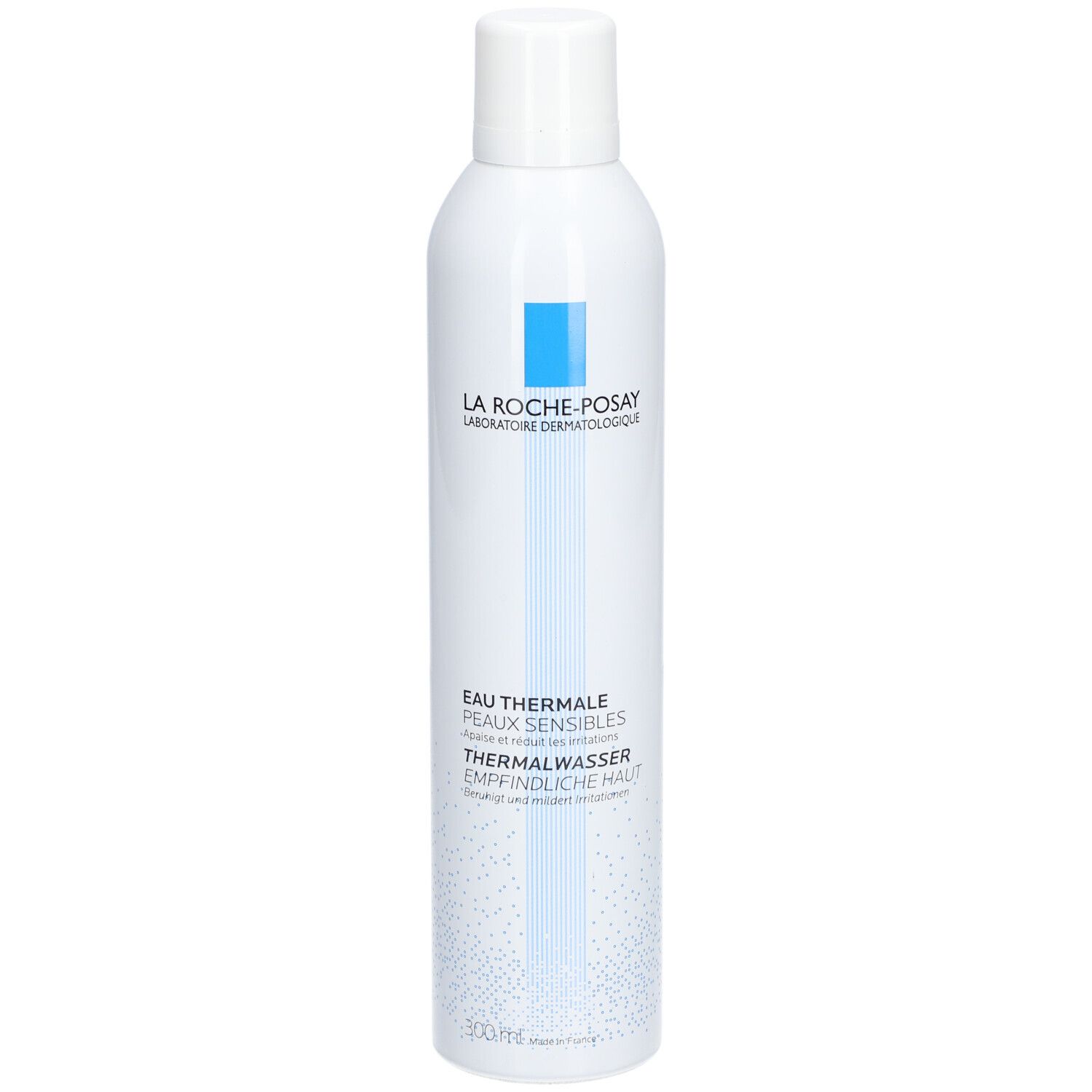 Witte sprayfles met blauw logo. Opschrift: La Roche-Posay, Eau Thermale, Thermalwasser. Voor gevoelige huid.
