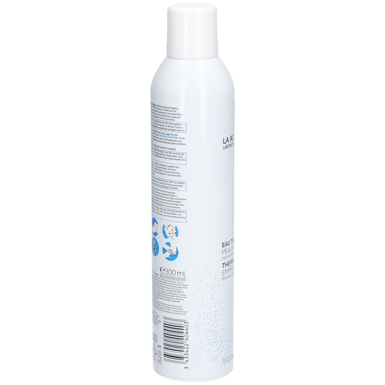 Achterkant van de witte sprayfles. Meertalige tekst. Opschrift: Eau Thermale, Thermalwasser. Voor gevoelige huid.
