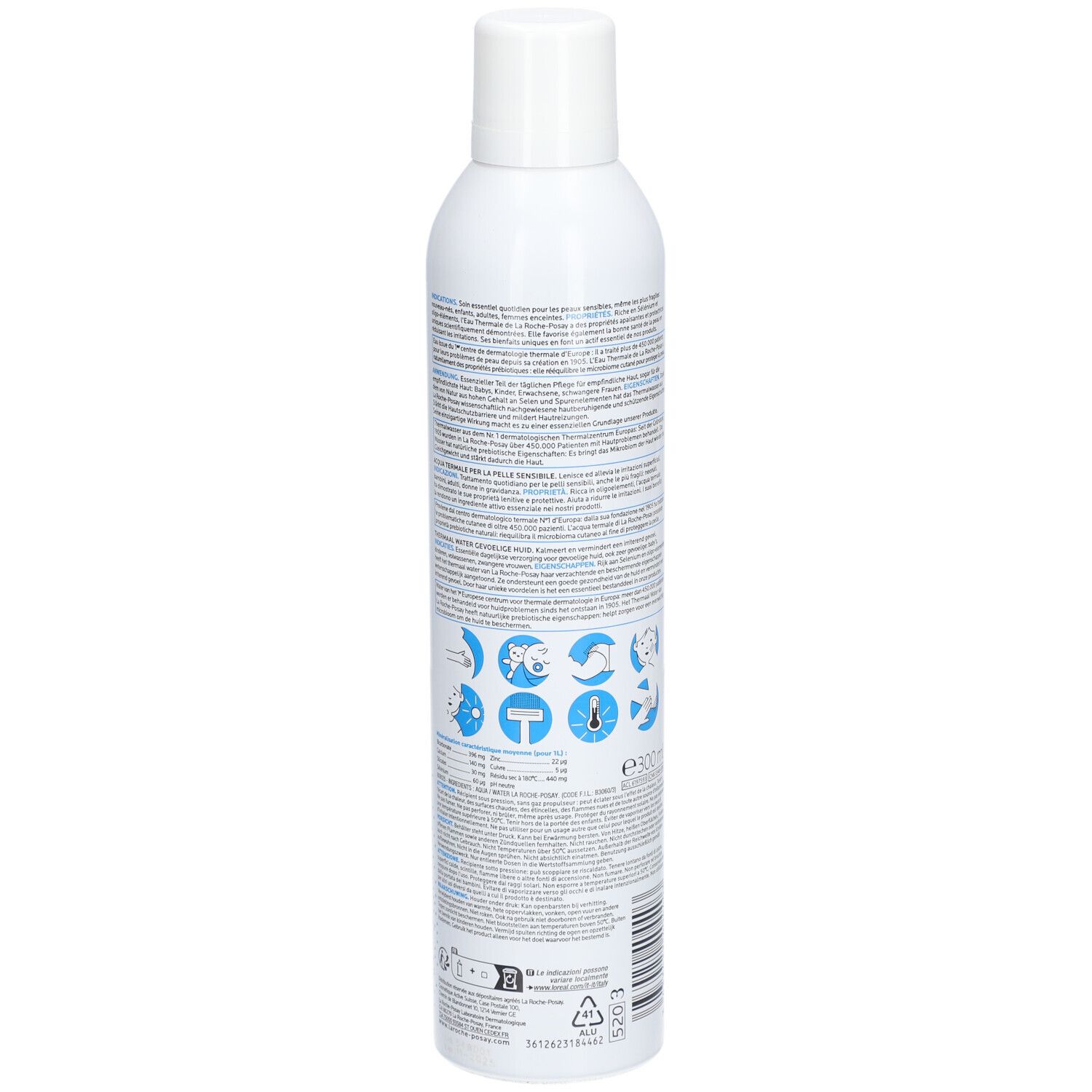 Achterkant van de witte sprayfles. Meertalige tekst. Opschrift: Eau Thermale, Thermalwasser. Voor gevoelige huid.