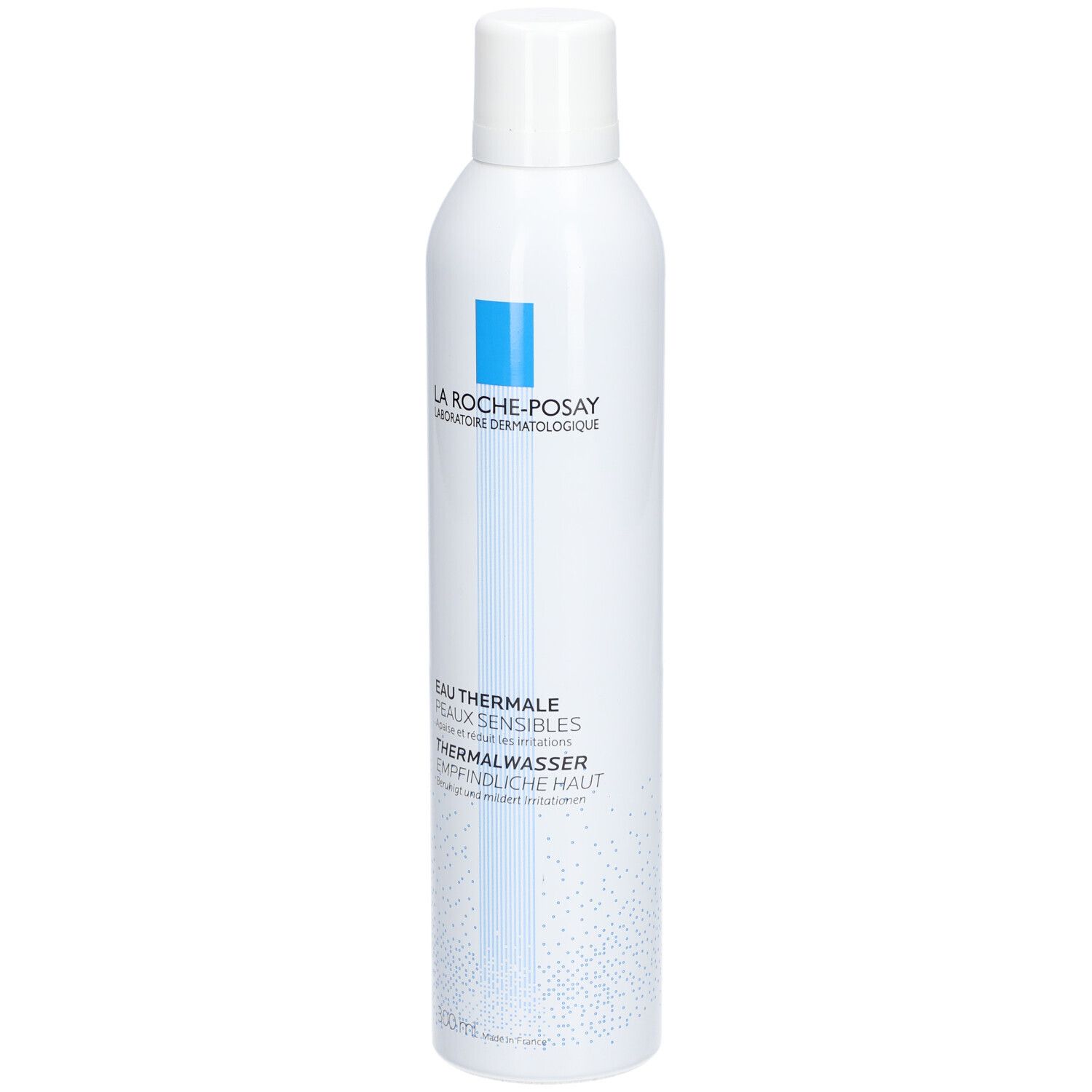 Witte sprayfles met blauw logo. Opschrift: La Roche-Posay, Eau Thermale, Thermalwasser. Voor gevoelige huid.