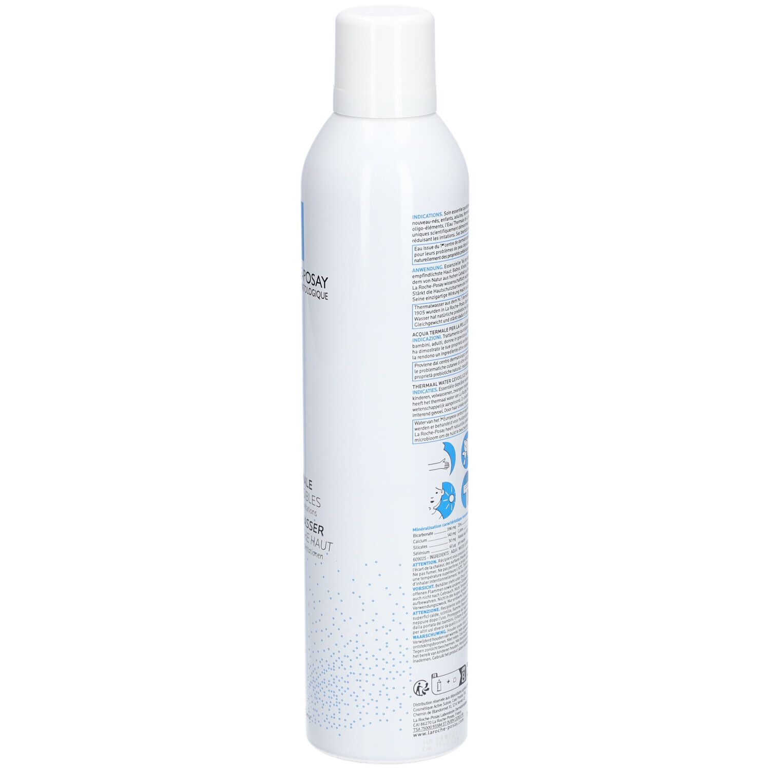 Achterkant van de witte sprayfles. Meertalige tekst. Opschrift: Eau Thermale, Thermalwasser. Voor gevoelige huid.