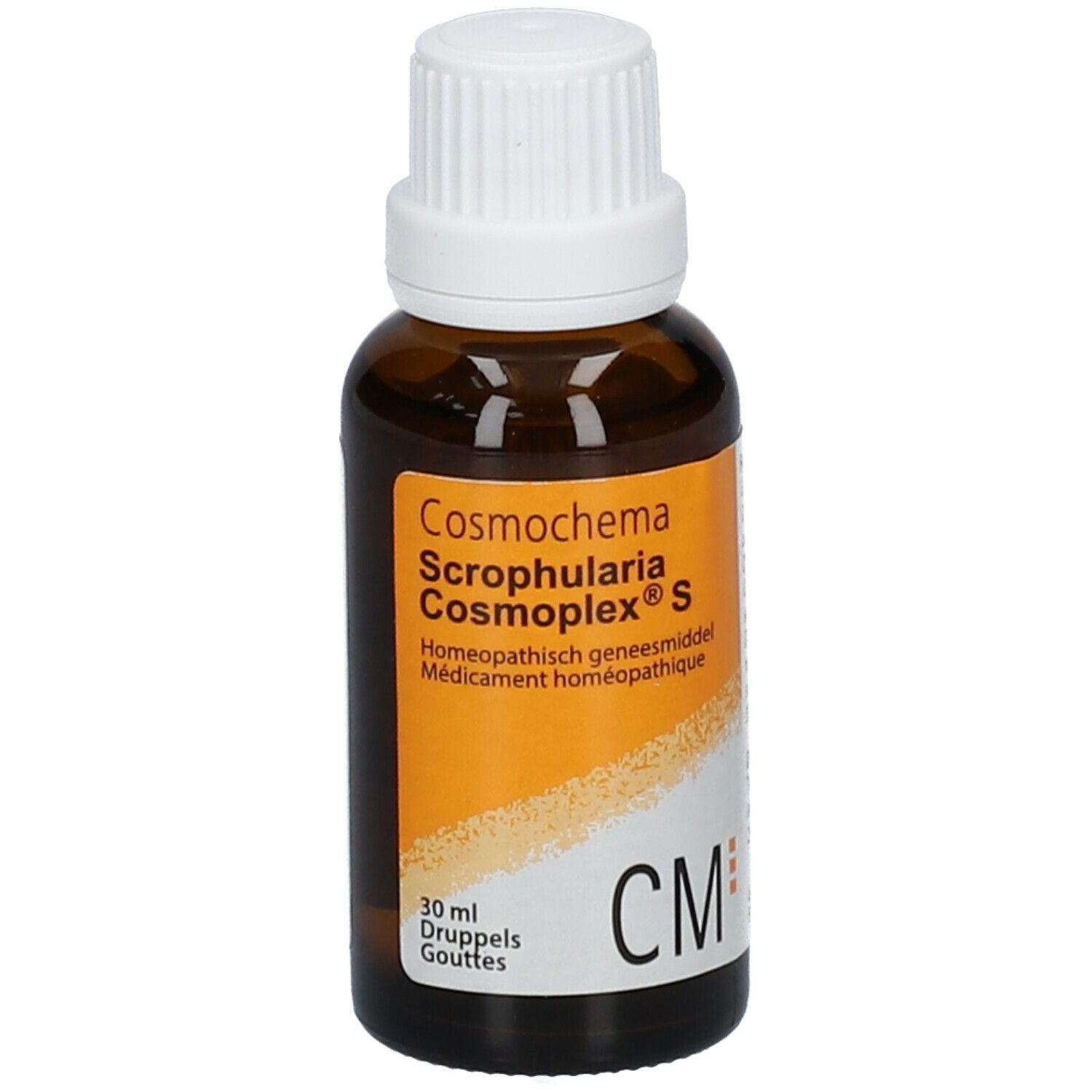 Bruine glazen fles met witte dop. Etiket met productnaam en CM-logo. 30 ml.