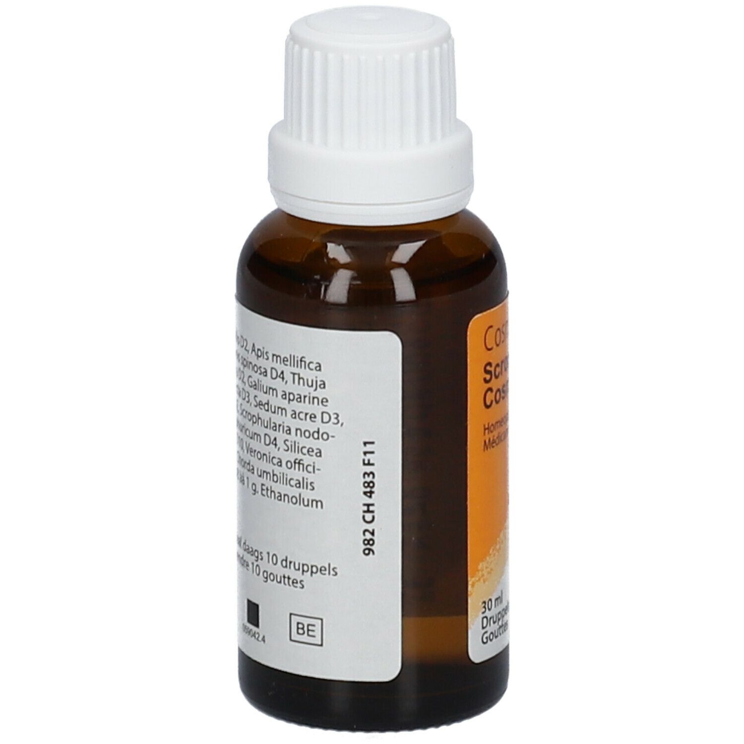 Bruine glazen fles met witte dop. Achterkant met ingrediënten en CM-logo. 30 ml.