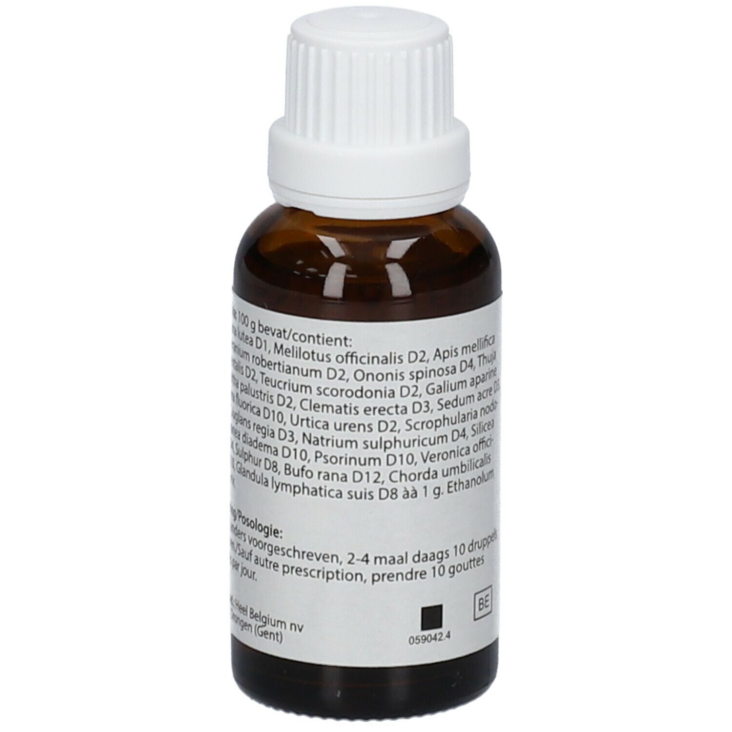 Bruine glazen fles met witte dop. Achterkant met ingrediënten en CM-logo. 30 ml.